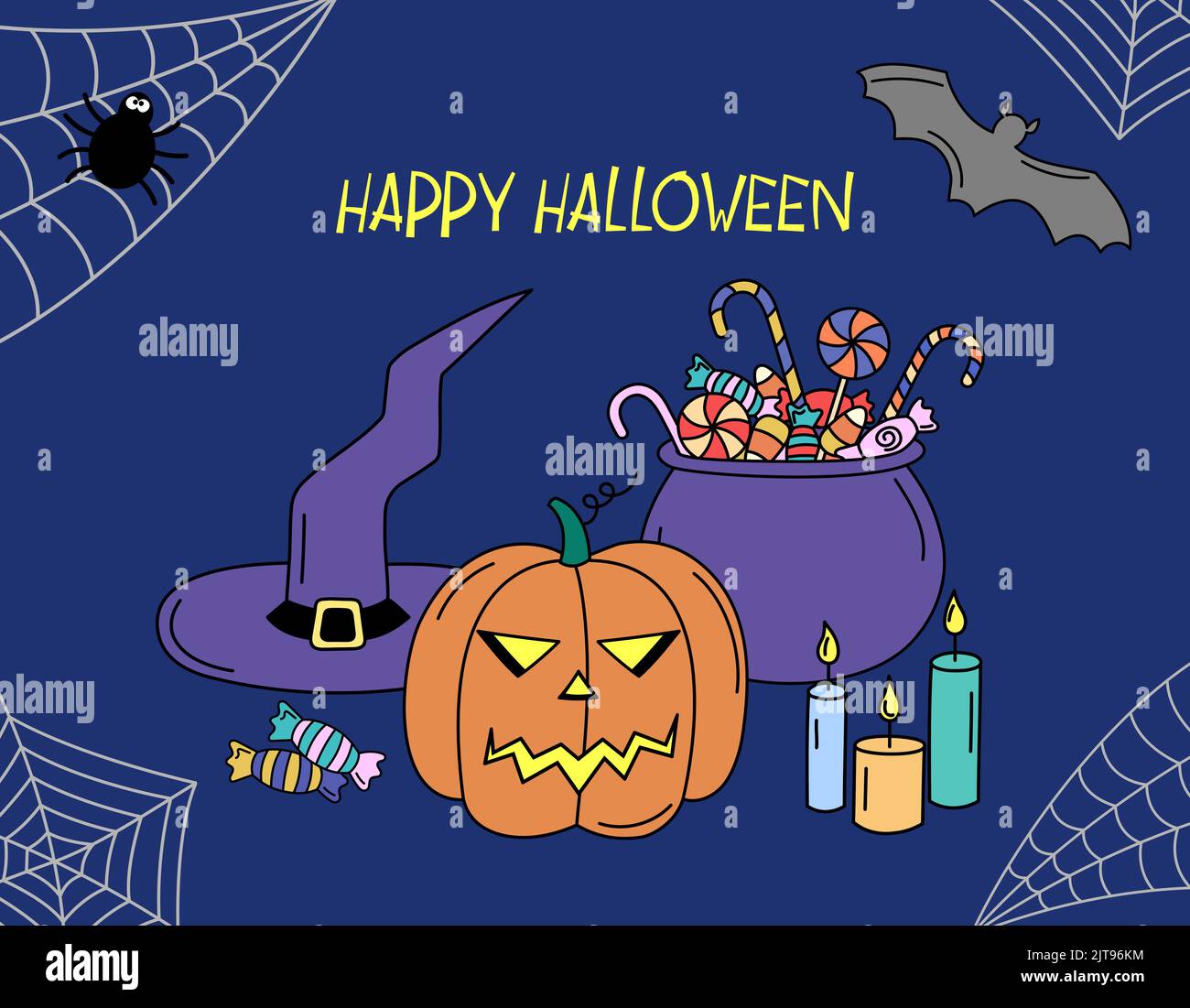 Frohe Halloween Grußkarte. Lustige Halloween Doodle Objekte Komposition. Kürbislaterne, Hexenhut, Kerzen und Weihnachtsbonbons. Fledermaus und Spinnennetz Stock Vektor