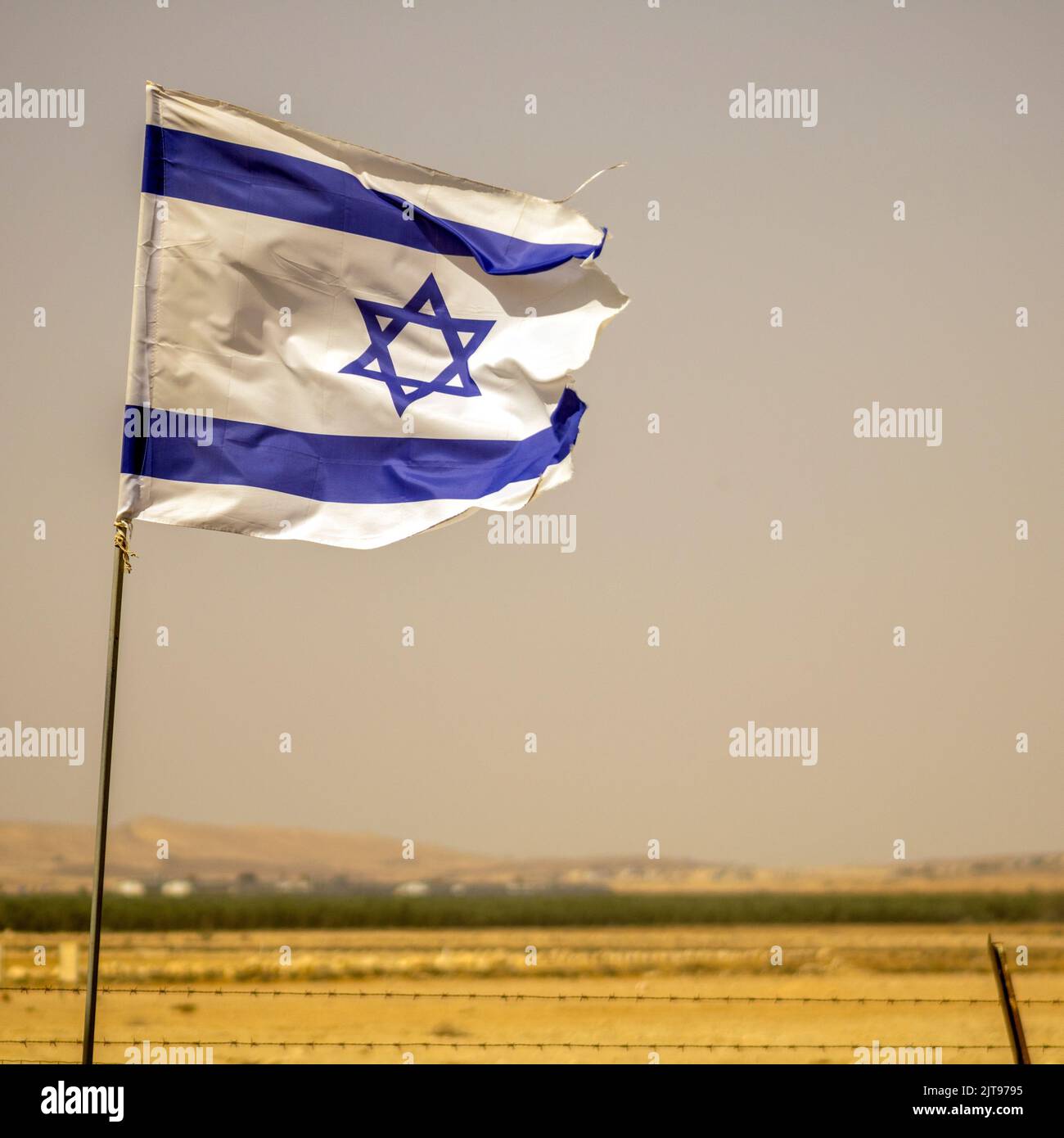 Die Flagge Israels weht im Wüstenwind Negev. Stockfoto