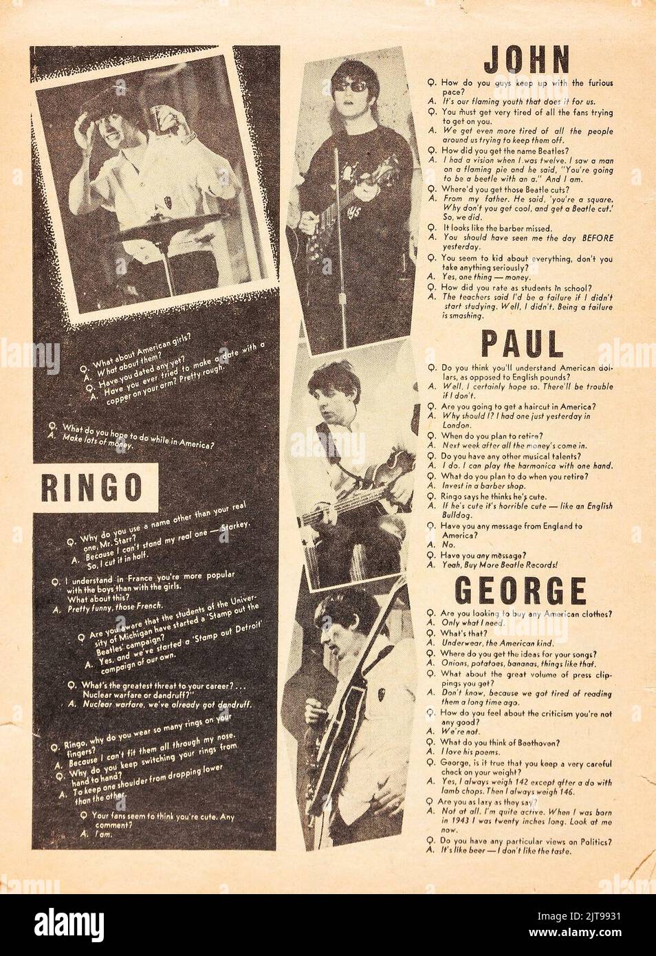 Magazinseite mit Beatles-Interview - John, Paul, George, Ringo. 1960s. Stockfoto