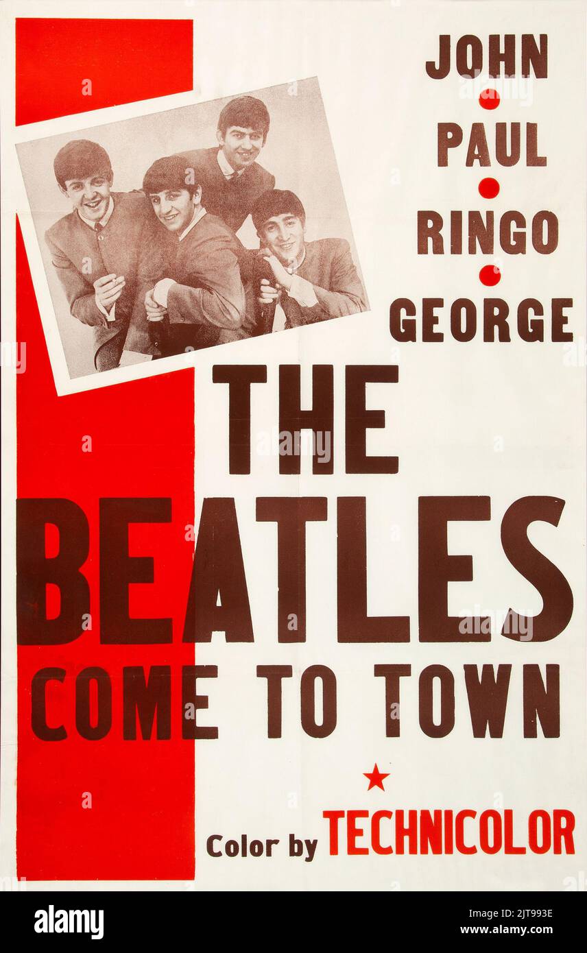 Die Beatles Kommen In Die Stadt - John, Paul, Ringo, George. 1964. Plakat für die Kurzfilmdokumentation mit dem Titel 'The Beatles Come to Town. Stockfoto