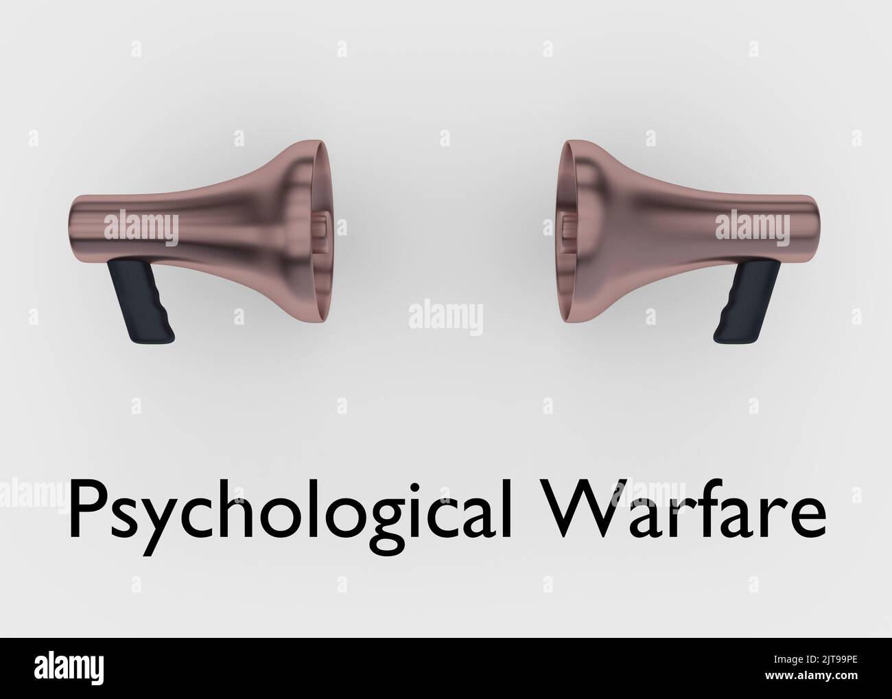 3D Illustration von zwei Megaphonen, die einander gegenüberstanden, mit dem Drehbuch Psychological Warfare. Stockfoto