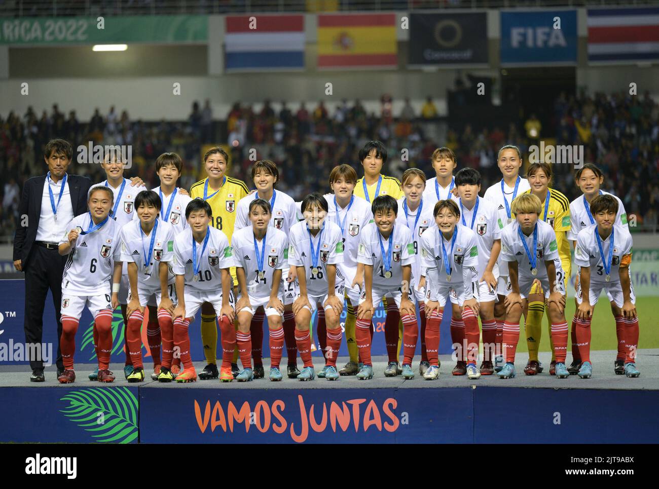 San Jose. 28. August 2022. Team of Japan posiert für Fotos während der Preisverleihung der FIFA U-20 Frauen-Weltmeisterschaft 2022 in San Jose, Costa Rica am 28. August 2022. Kredit: Xin Yuewei/Xinhua/Alamy Live Nachrichten Stockfoto