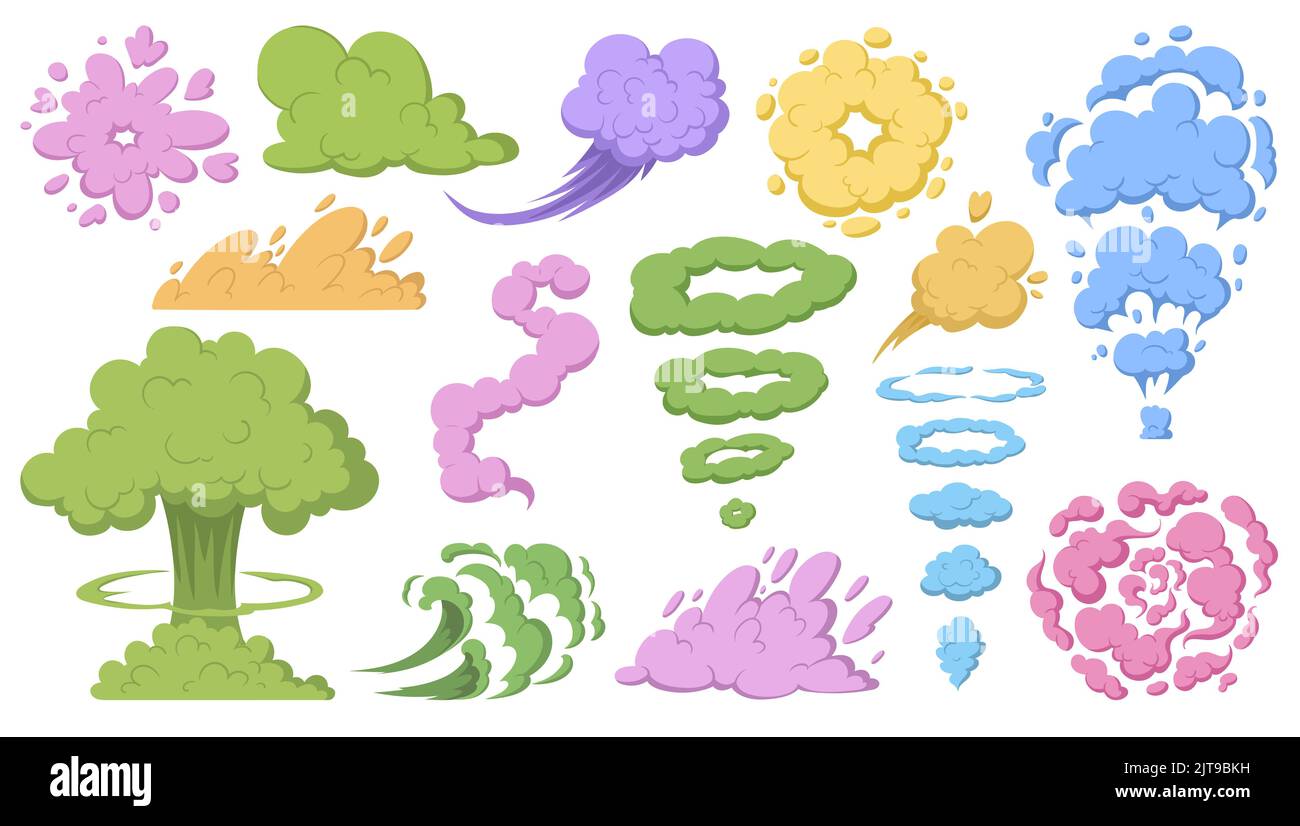 Bunte Rauchwolken, Wolkenschwaden. Bunte dampfende Wolken fließen, Pastellfarben Wolken Vektor Illustrationen Set. Sammlung von Staubwolken..Rosa, blaue, gelbe und grüne Staubwolken. Stock Vektor