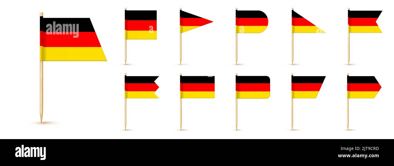 Deutsche Zahnstocherflagge isoliert auf Holzstäbchen mit weißem Papier. Realistische kleine Zahnstocher für das Mittagessen. Vektor-Cocktail-Dekoration Stock Vektor