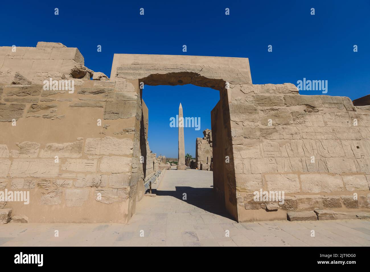 Blick auf die altägyptischen Ruinen des Obelisken von Thutmosis I. im Karnak-Tempelkomplex in der Nähe von Luxor, Ägypten Stockfoto