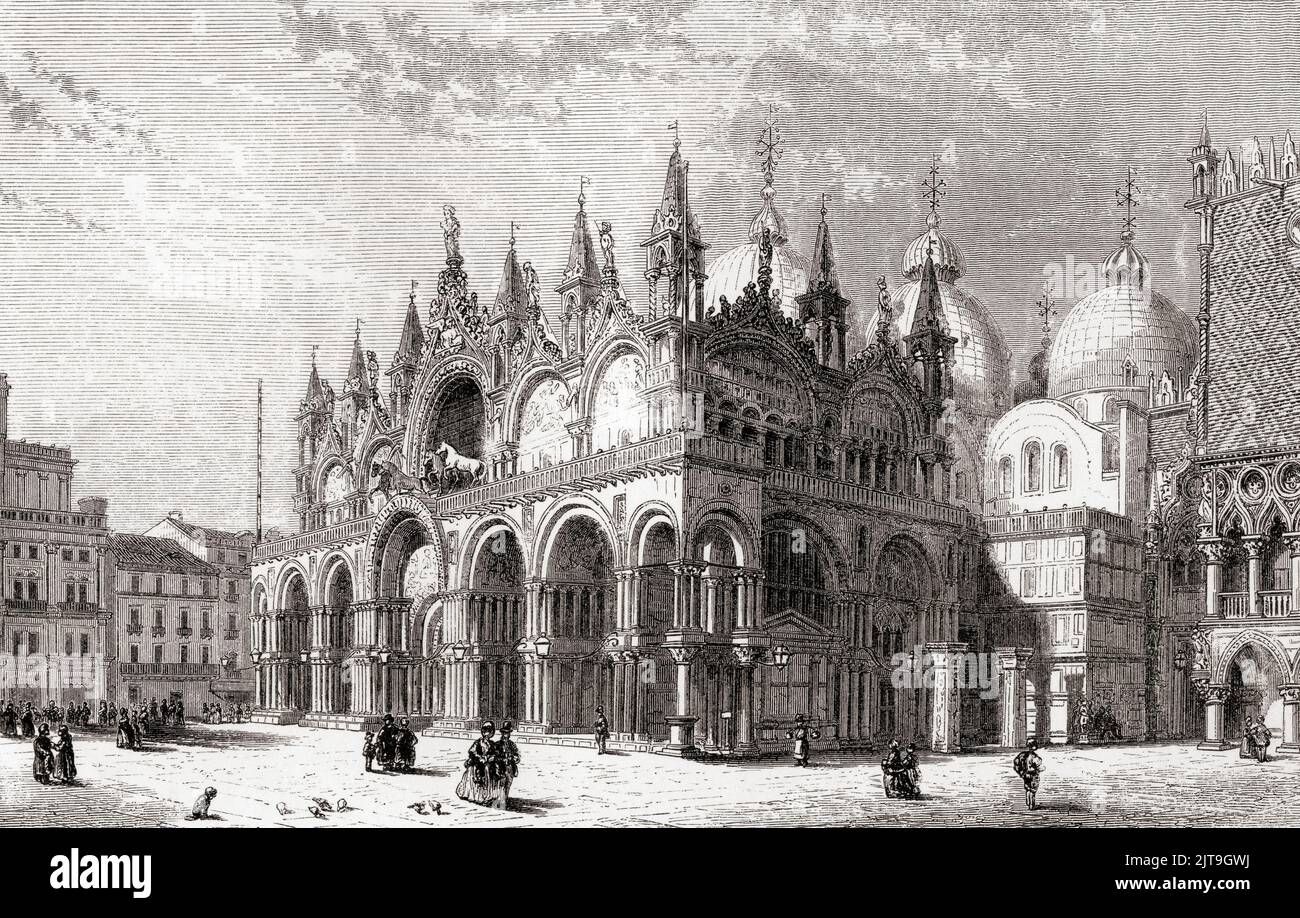 Die Patriarchalkathedrale Basilika San Marco alias Markusbasilika, Venedig, Italien, hier im 19.. Jahrhundert gesehen. Gebaut c. 829–c. 836 wurde es wieder aufgebaut c. 1063–1094 und enthält byzantinische, romanische und gotische Baustile. Aus Les Plus Belles Eglises du Monde, veröffentlicht 1861. Stockfoto