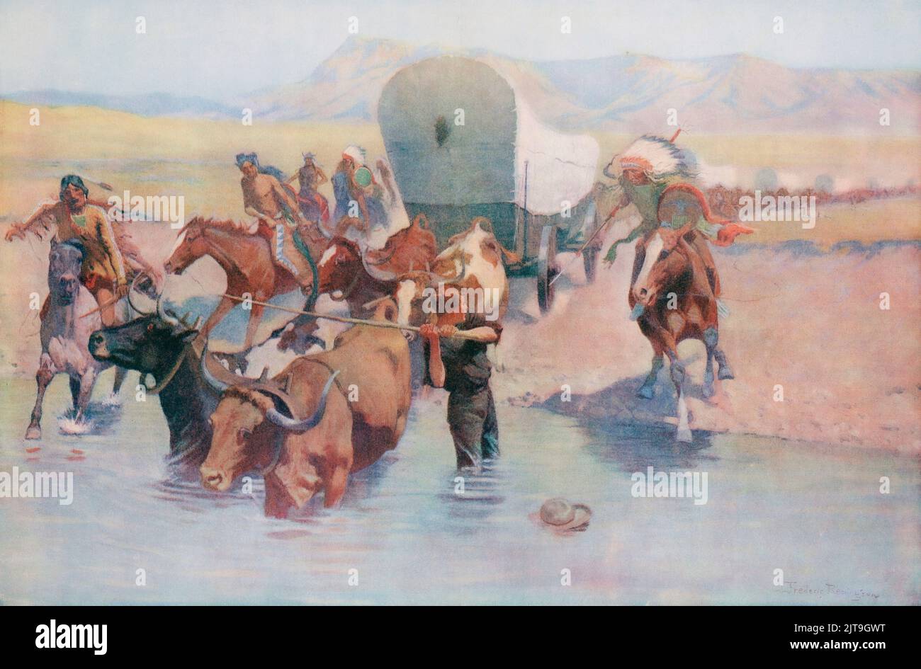 Die Emigranten. Nach einem Werk des amerikanischen Künstlers Frederic Sackrider Remington, 1861 – 1909. Ein Wagenzug wird von Indianern angegriffen, als er einen Fluss überquert. Stockfoto