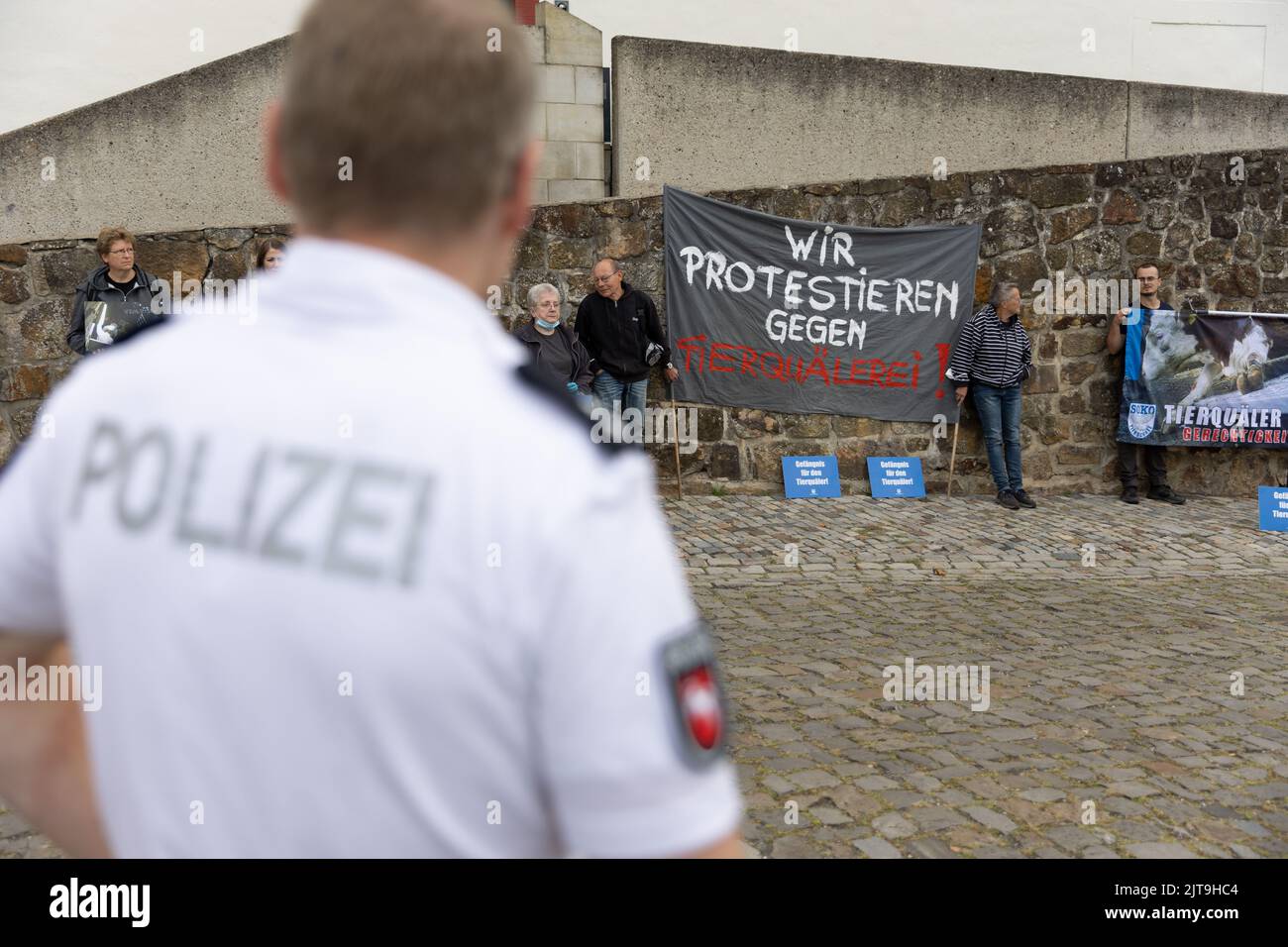 Bad Iburg, Deutschland. 29. August 2022. Tierschützer stehen vor dem Bezirksgericht mit einem Transparent mit der Aufschrift: „Wir protestieren gegen „Tierquälerei!“ Und werden von der Polizei beobachtet. Der ehemalige Geschäftsführer eines Schlachthofs und fünf Mitarbeiter müssen wegen Verstößen gegen das Tierschutzgesetz vor Gericht gestellt werden. Quelle: Friso Gentsch/dpa/Alamy Live News Stockfoto