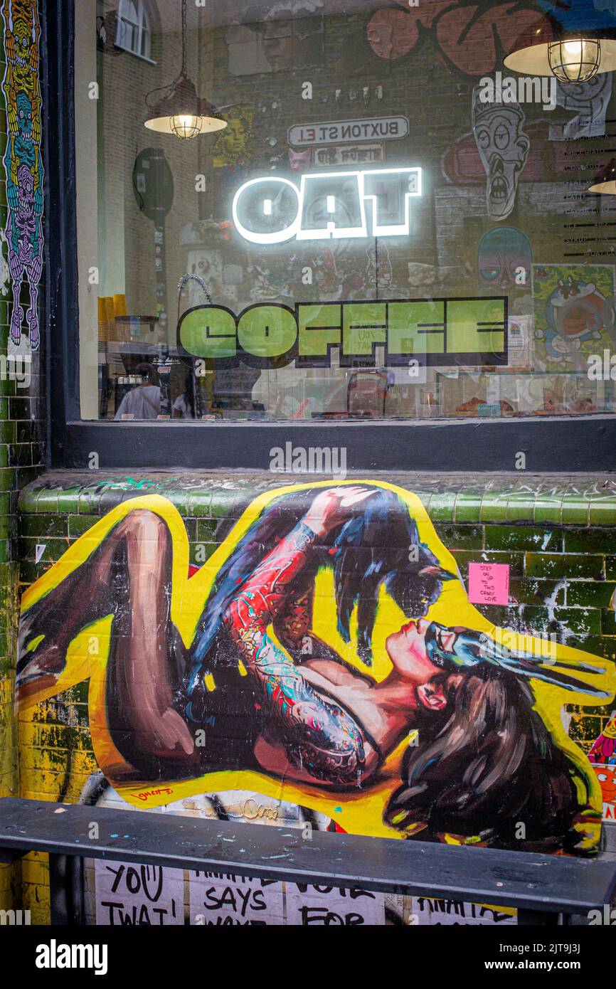 Vegetarisches Café OAT Kaffee in Bricklane ,London Vereinigtes Königreich Stockfoto