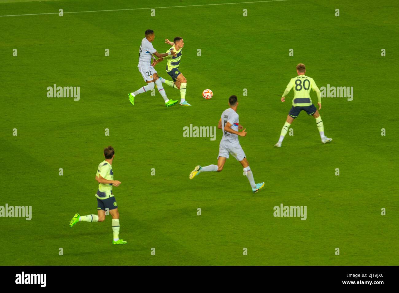 Freundschaftsspiel zwischen Xavi's FC Barcelona (Barça) und Guardiola's Manchester City wegen als-Krankheit im Spotify Camp Nou Barcelona Catalonia Spain Stockfoto