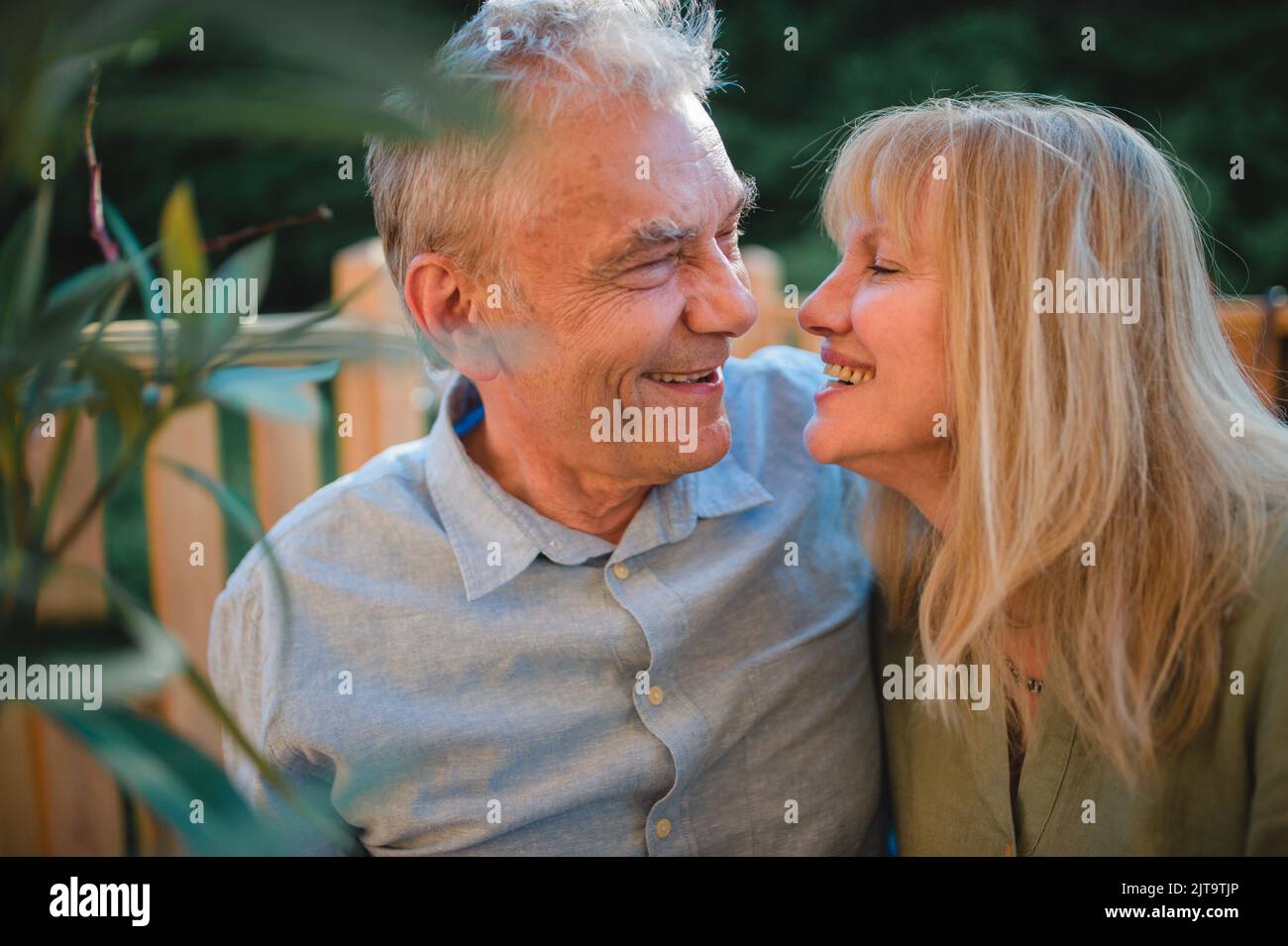 Porträt eines liebevollen Seniorenpaares, das zu Hause im Garten Zeit verbringt. Stockfoto