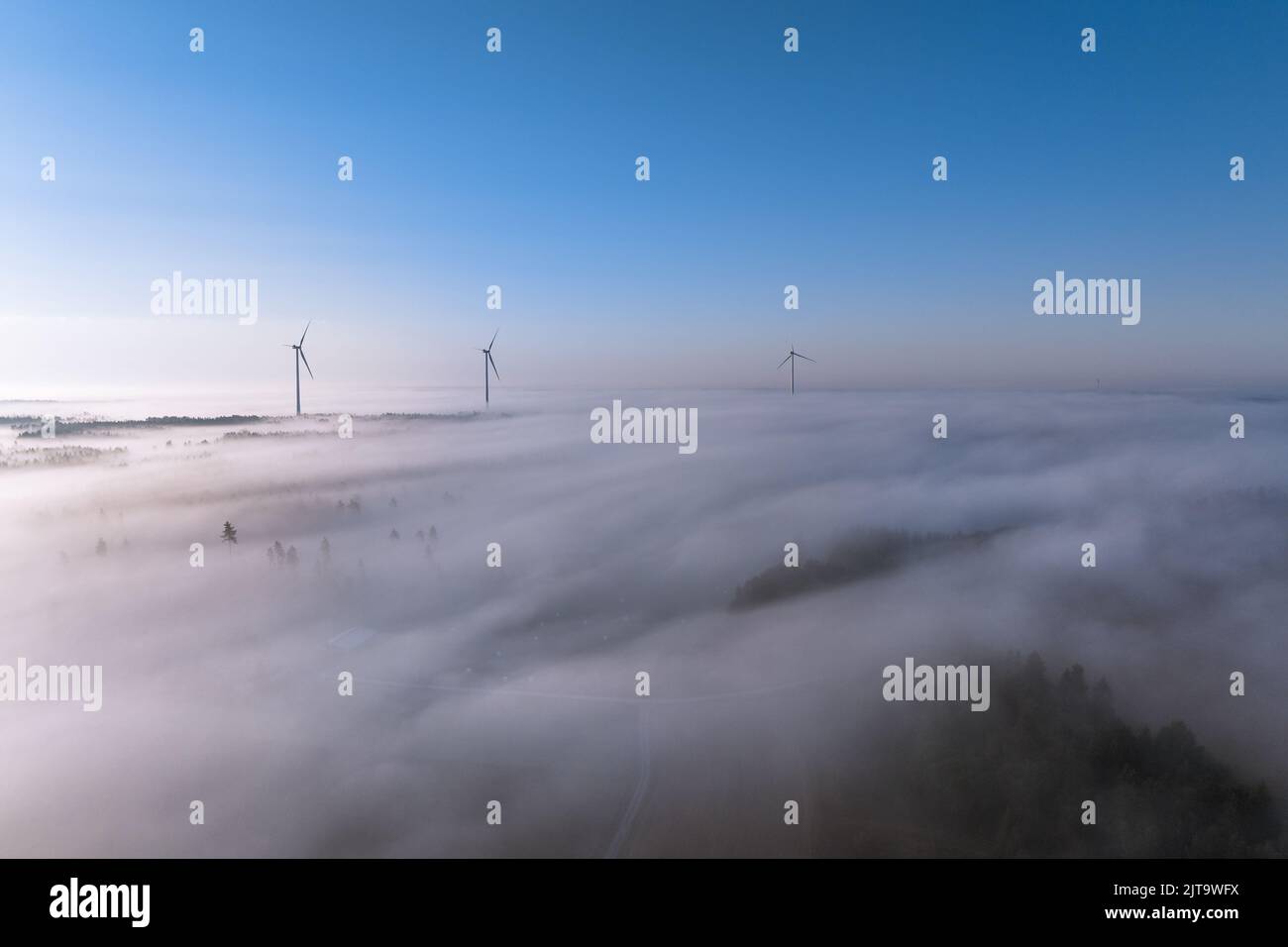 Luftaufnahme von Windenergieanlagen, die am sonnigen Morgen in Finnland über die neblige Landschaft ragen Stockfoto