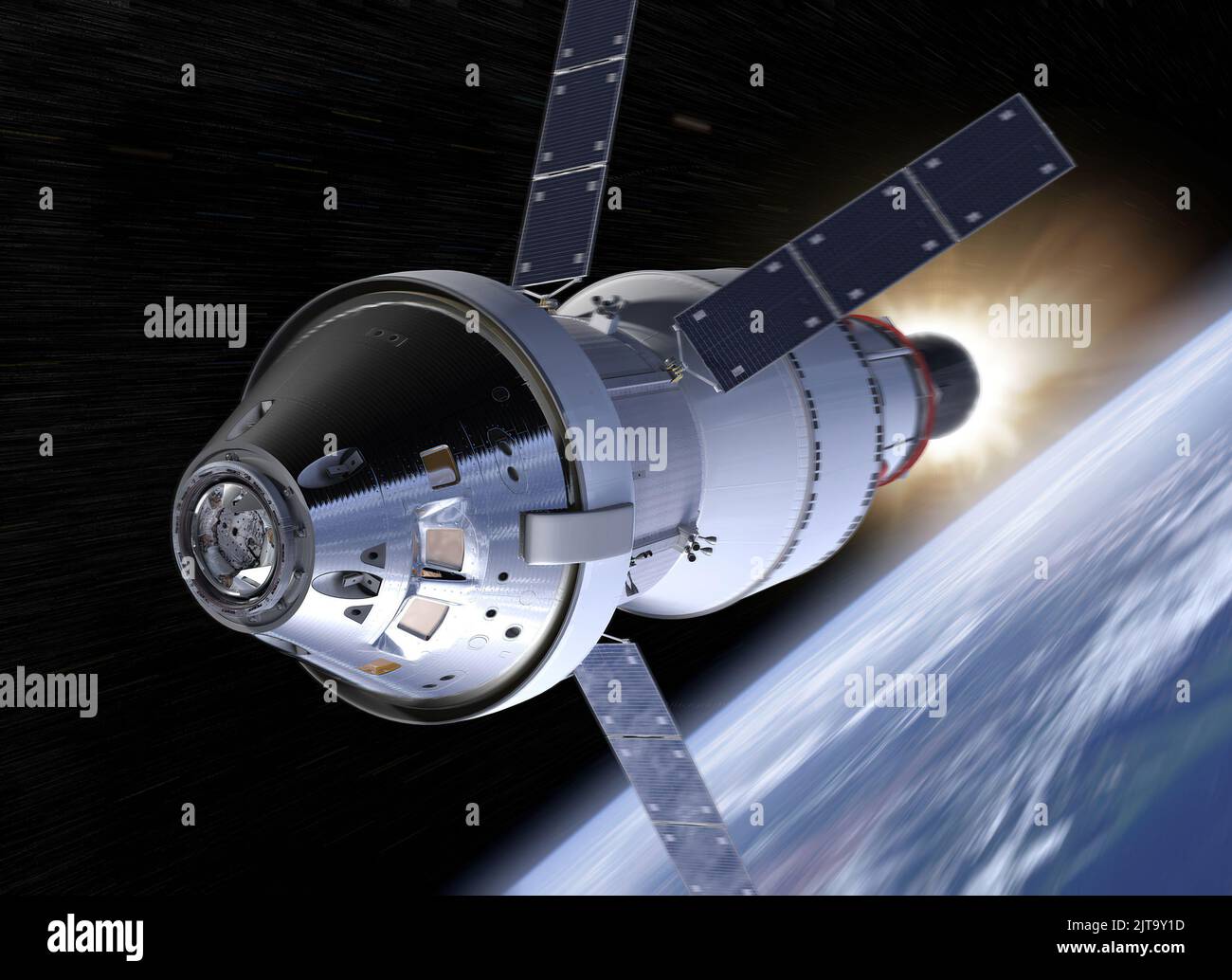 Orion-Raumsonde auf der Umlaufbahn der Erde. Artemis-Weltraumprogramm. Zurück zum Mond. Elemente dieses Bildes, die von der NASA eingerichtet wurden Stockfoto