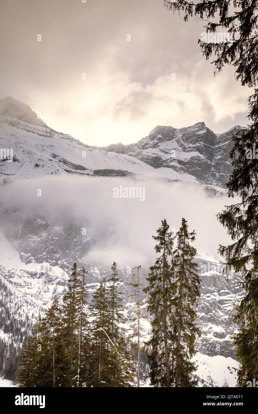 Eine Landschaft aus verschneiten Bergen und Wäldern, in der die Sonne an einem bewölkten Tag in der Schweiz aufgeht Stockfoto