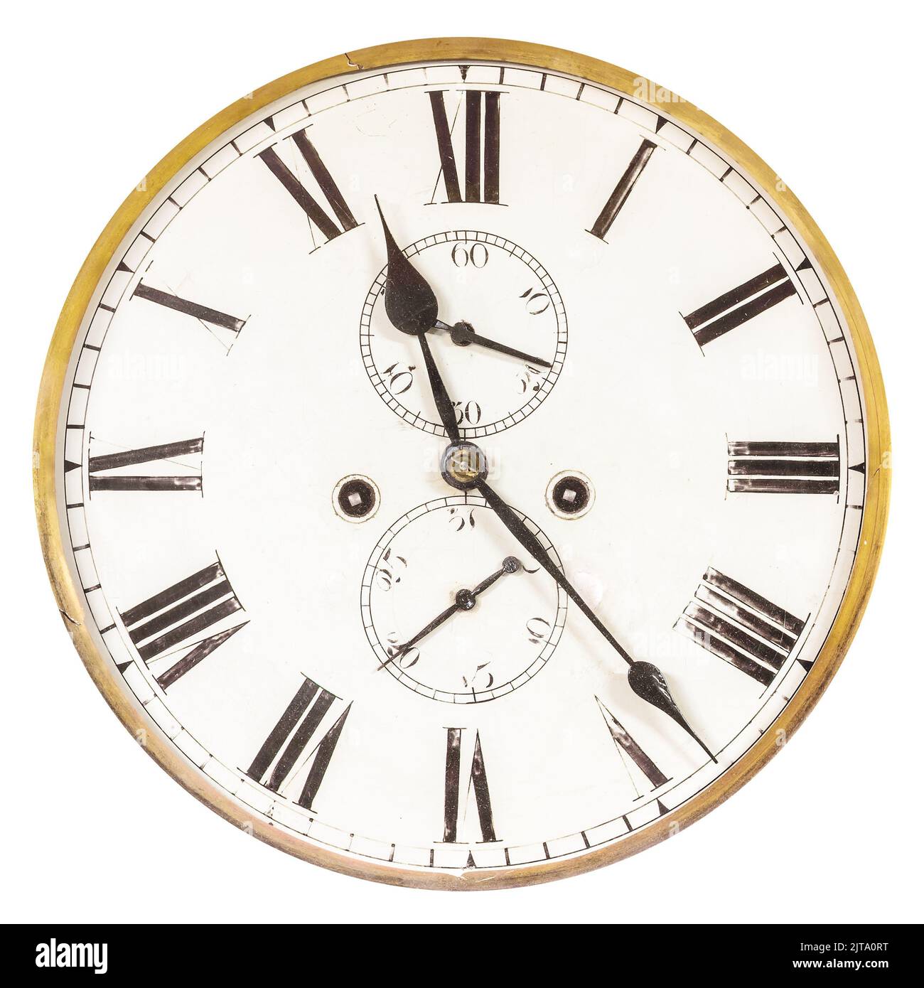Vintage verwitterte alte Uhr isoliert auf weißem Hintergrund Stockfoto