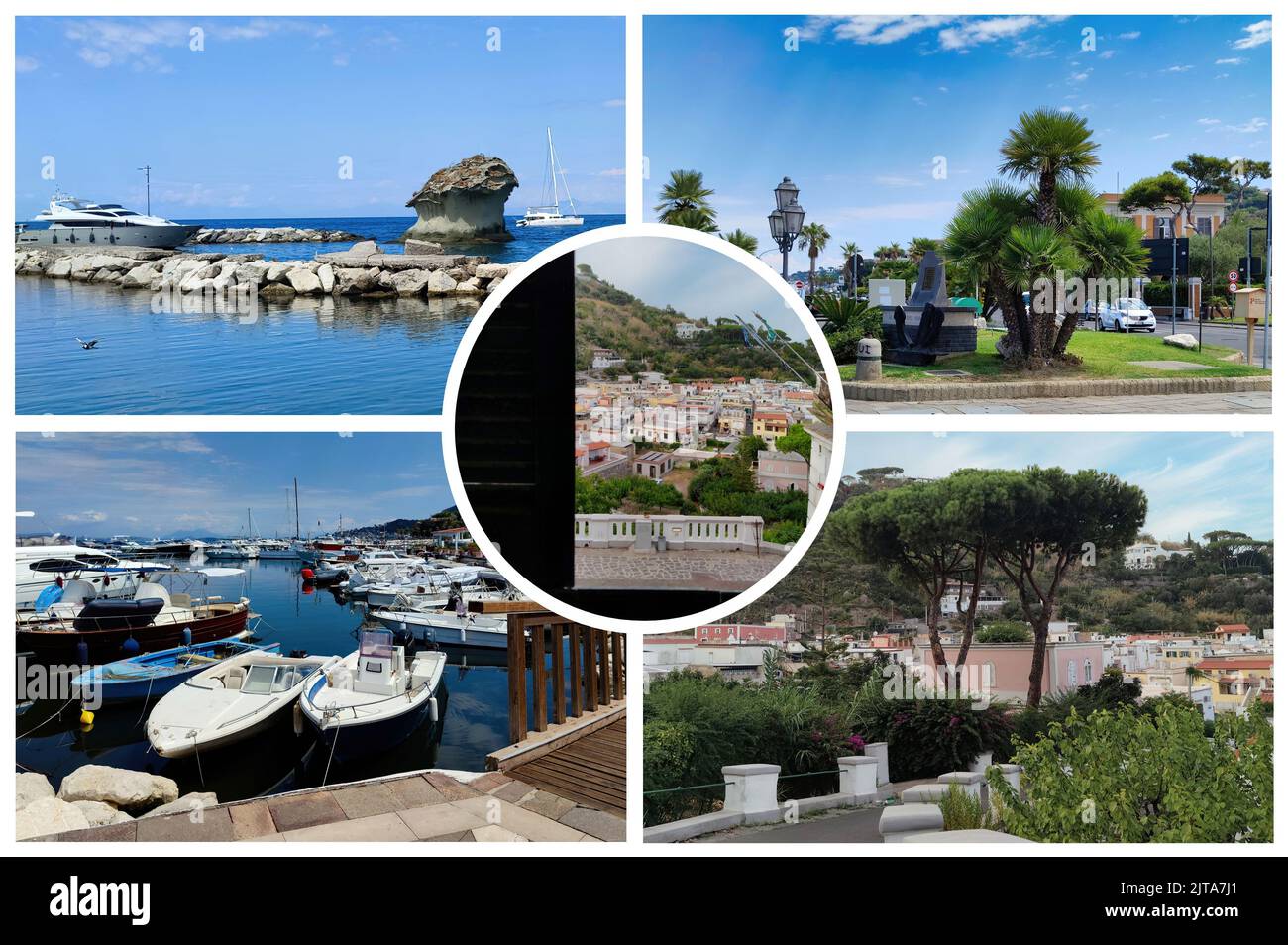 Ein Überblick über das schöne Dorf Lacco Ameno Gemeinde der Insel Ischia, mit seinen schönen Stränden und seinem kristallklaren Meer Stockfoto