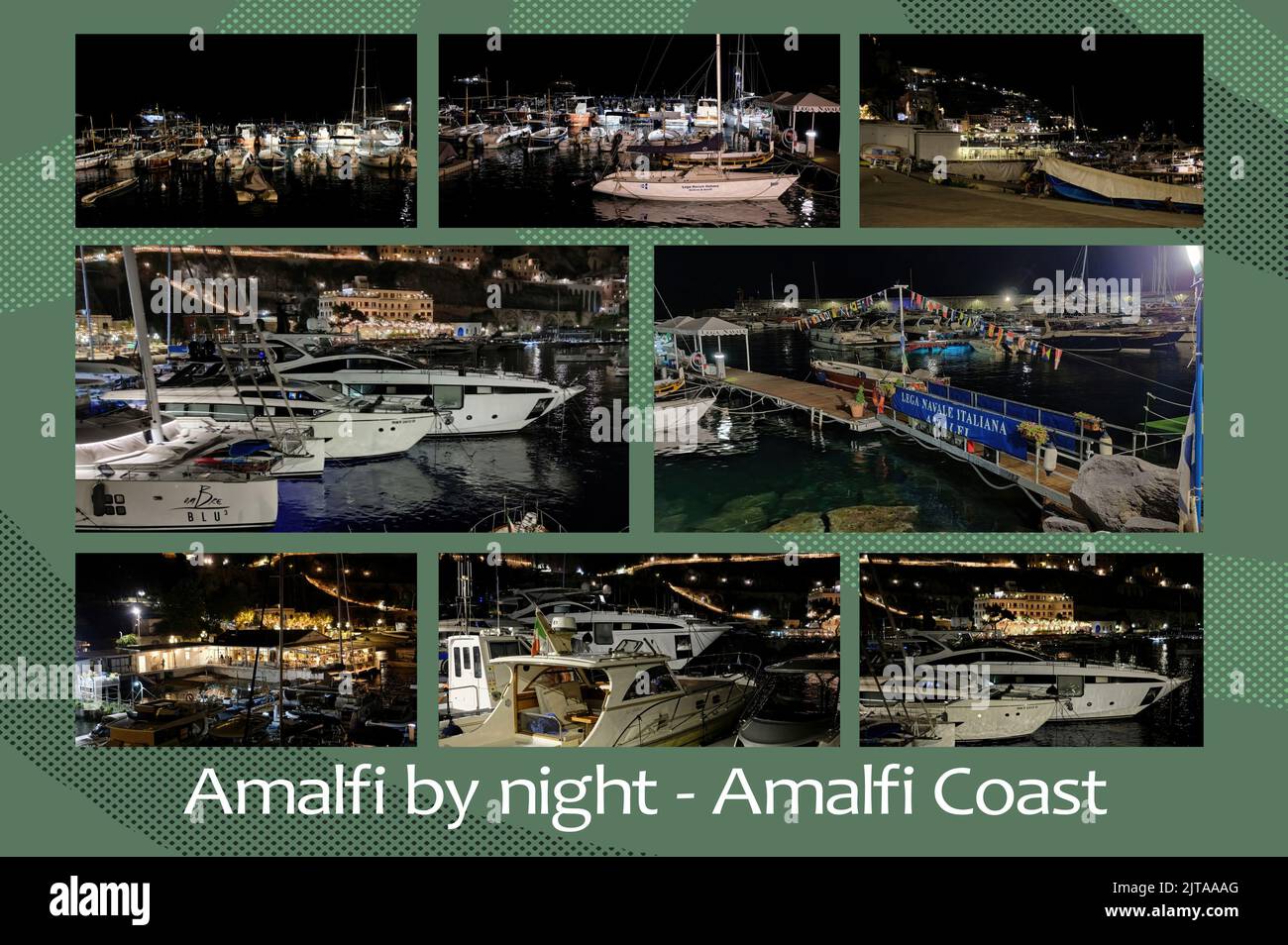 Amalfi in der Nacht - die Lichter der Nacht beleuchten die schöne Stadt Amalfi, Fischerboote, Yachten und Nachtclubs. Stockfoto