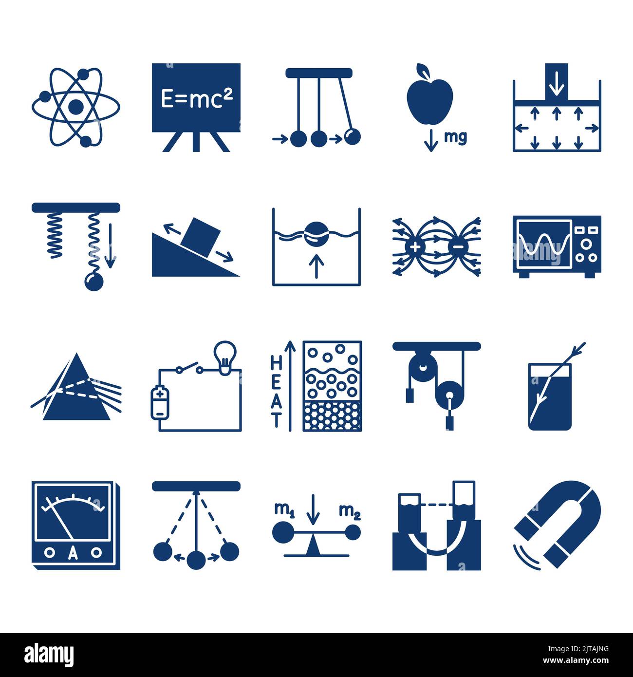 Physikwissenschaft Symbol im Glyphen-Stil gesetzt. Physikalische Gesetze und Symbole. Vektorgrafik Stock Vektor