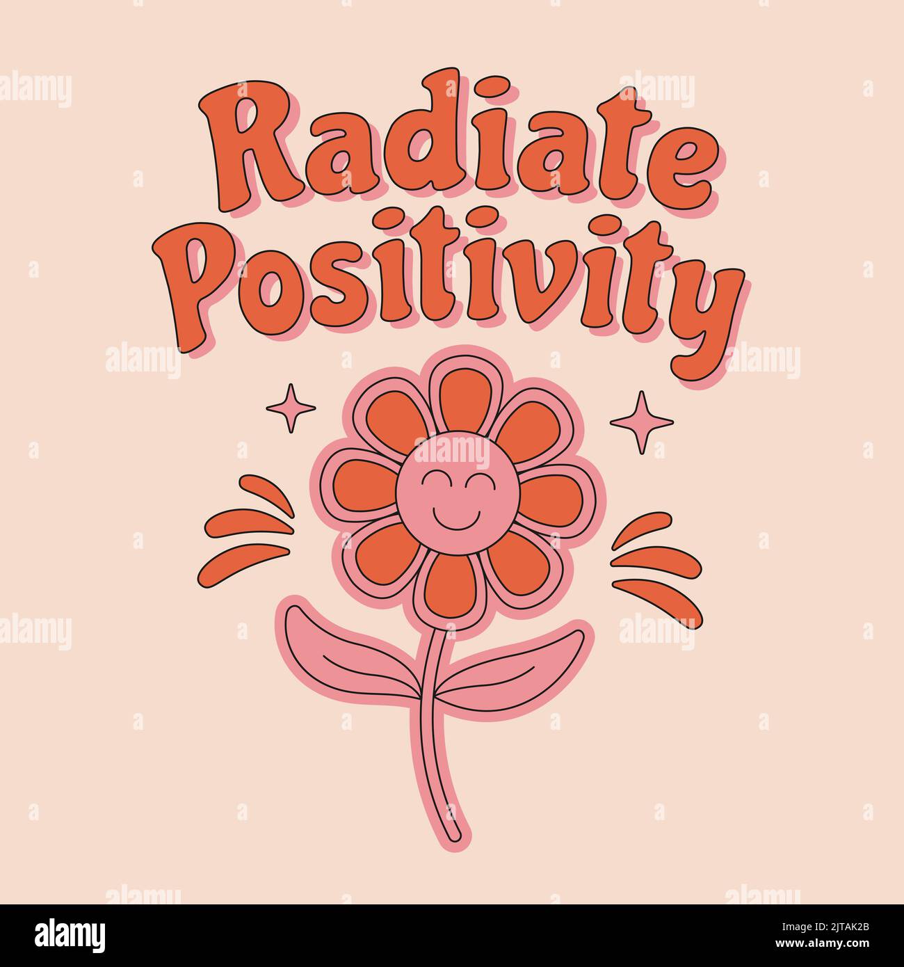 70s Retro-Hippie-inspirierender „Radiate Positivity“-Slogan mit niedlicher Blume für T-Shirts, Poster, Karten. Vektorgrafik. Stock Vektor
