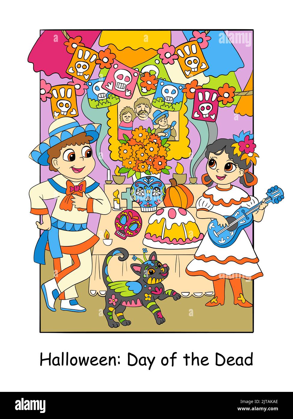 Niedliche Kinder stehen am Festtisch am Tag der Toten in Mexiko. Halloween-Konzept für Kinder. Vektor Cartoon bunte illustrationen Stock Vektor