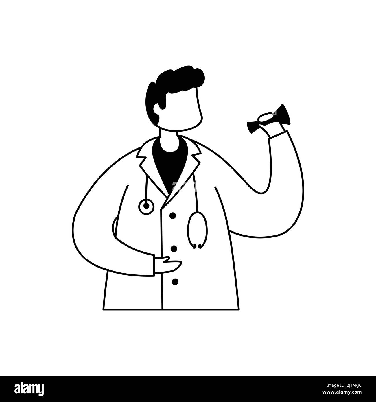 Vektordarstellung eines männlichen Arztes in einem weißen Mantel mit Stethoskop. Gliederung Stock Vektor