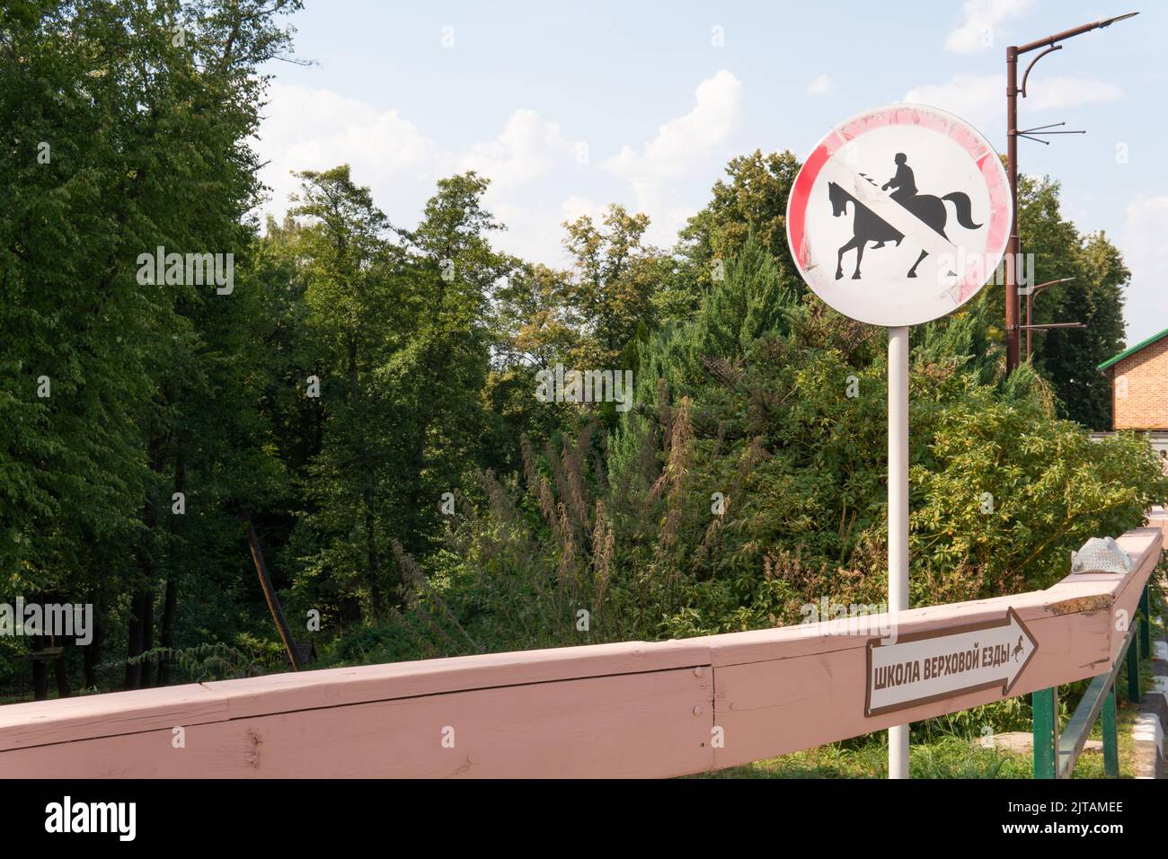 Tierpferd verboten Schild Warnung Reiter Symbol reiten, aus Kreis Jockey für ländliche von Menschen erlaubt, lustige Transport. Natur nein Stockfoto