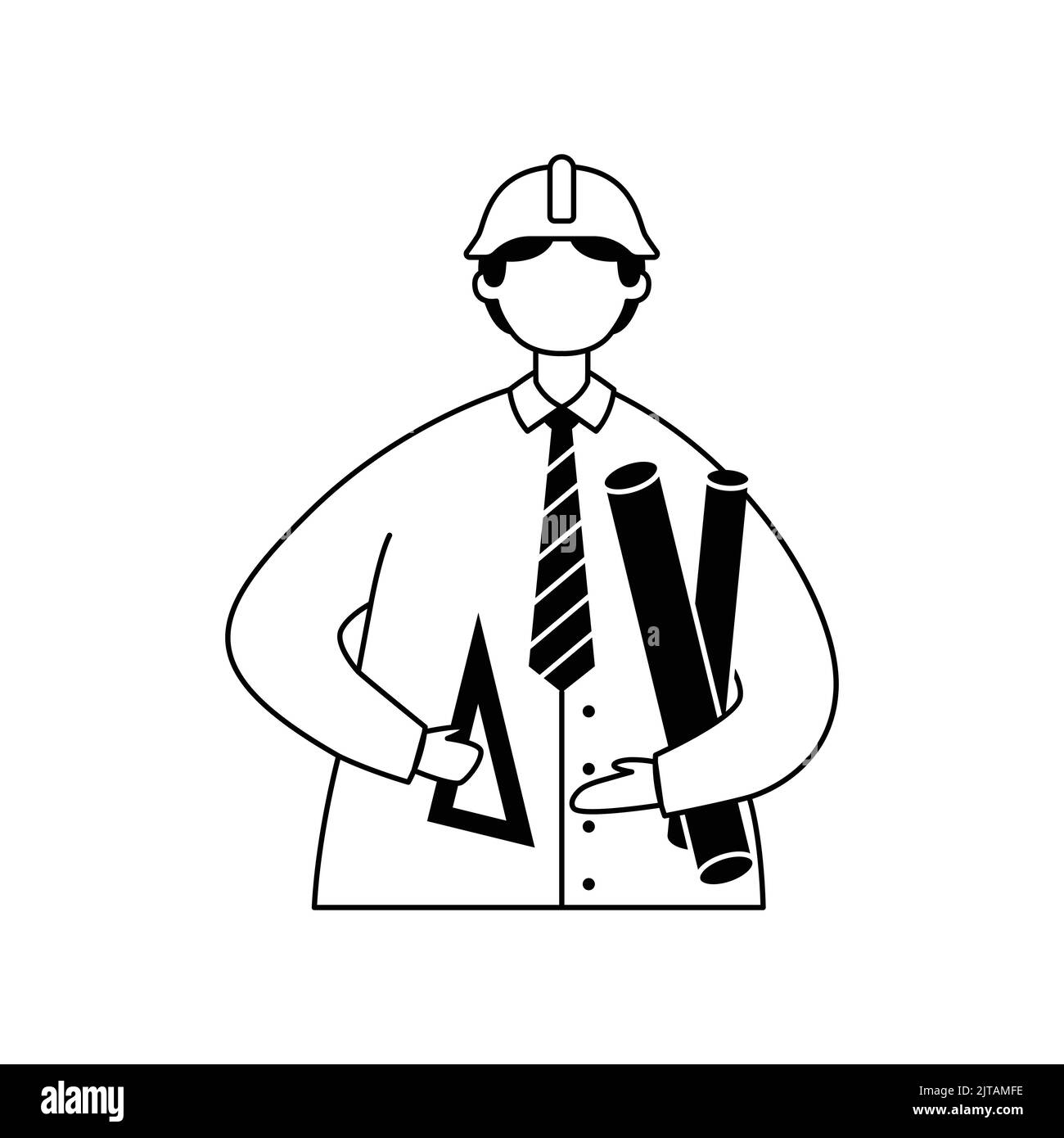 Vektordarstellung eines männlichen Ingenieurs mit technischen Zeichnungen in den Händen und einem Helm. Gliederung Stock Vektor