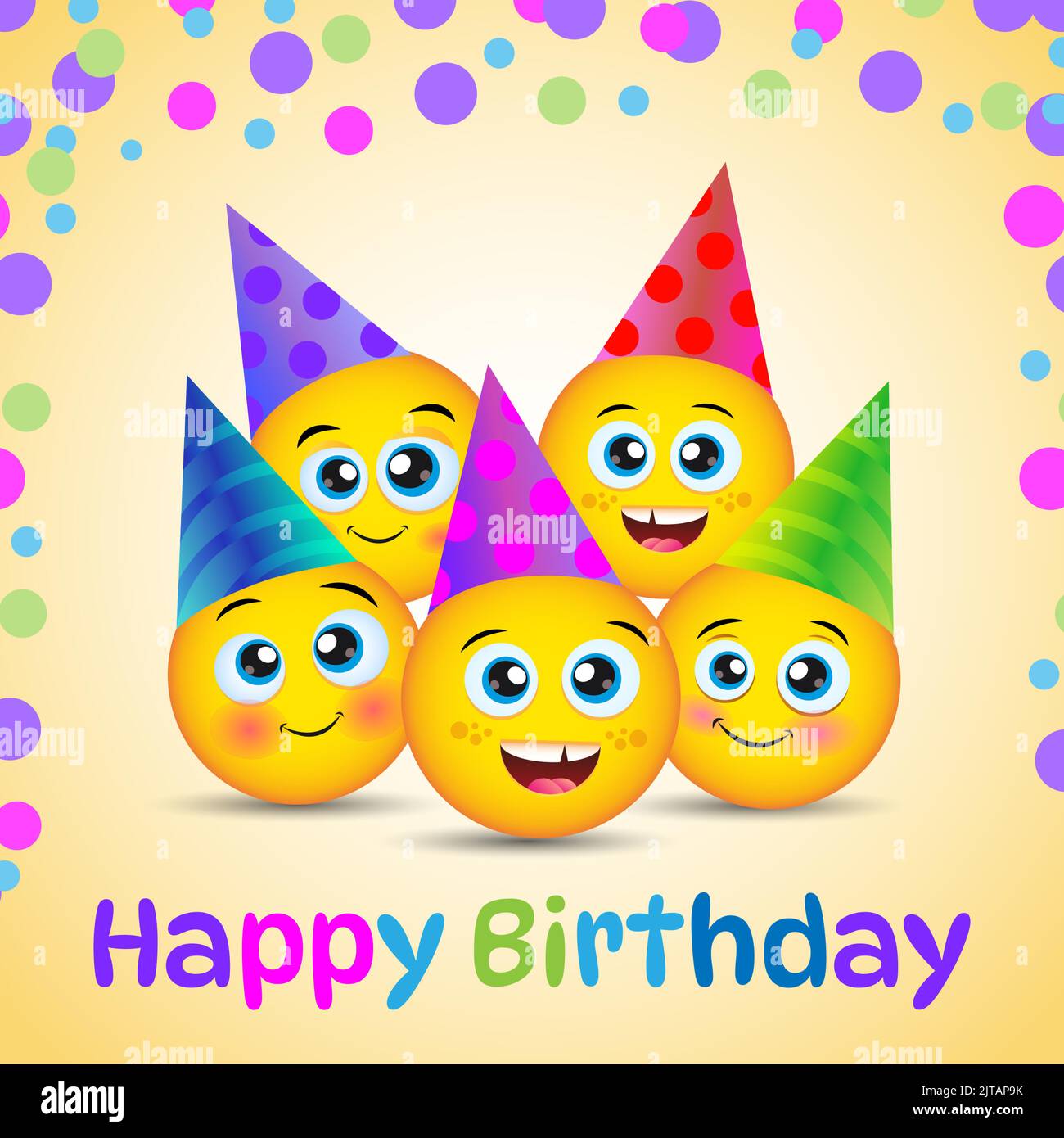 Geburtstag Smiley Emojis Vektor Grußkarte. Fröhliche Freunde, lustiges Vektor-Banner-Design in gelbem Hintergrund mit buntem Text. Vektorgrafik. Stock Vektor