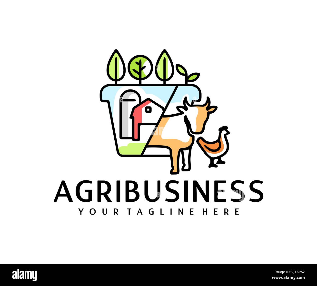 Landwirtschaft, Silos oder Lagerung, Stall, Pflanzen, Kuh und Huhn, Logo-Design. Landwirtschaft, Bauernhof, Landwirtschaft, Garten- und Tierhaltung, Vektordesign Stock Vektor