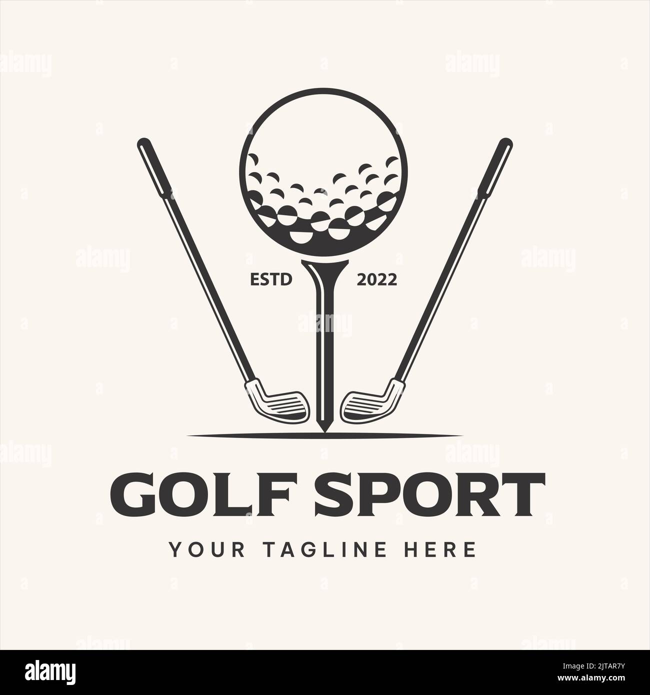 Golfschlägerlogo-Design mit Stick und Ball auf dem T-Shirt. Vektorgrafik, Symbol, Symbol, Vorlage Stock Vektor