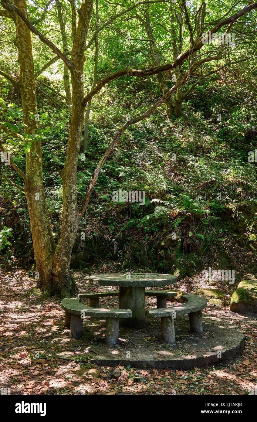 Steintische und Bänke eines Picknickbereichs. San Sebastian, Gipuzkoa, Baskenland, Spanien. Stockfoto