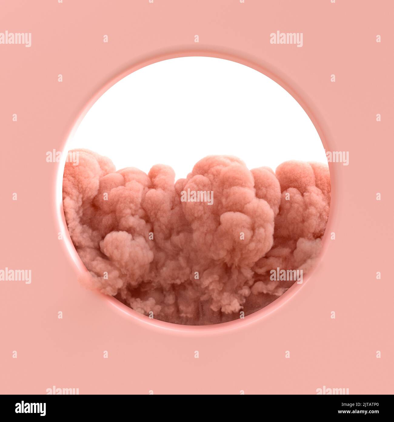 Rosafarbener Rauch auf weißem und rosafarbenem Rundfenster. 3D Rendern Stockfoto