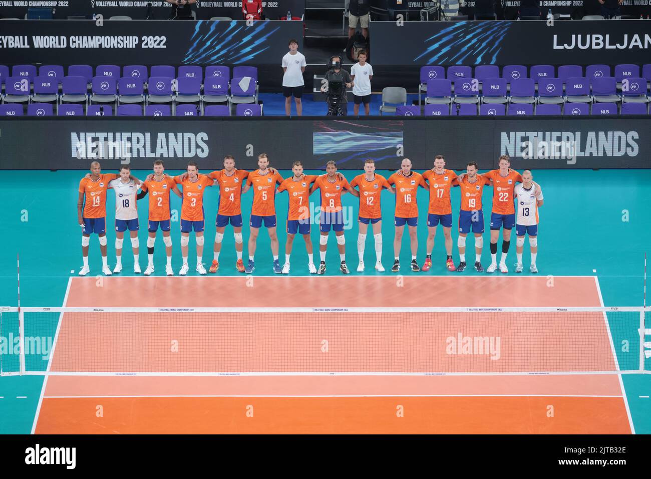 LJUBLJANA, SLOWENIEN - 29. AUGUST: Niederländische Spieler während der Volleyball-Weltmeisterschaft der Männer - Pool F - Vorbereitungsphase-Spiel zwischen den Niederlanden und Argentinien in der Arena Stozice am 29. August 2022 in Ljubljana, Slowenien (Foto: Borut Zivulovic/BSR Agency) Stockfoto