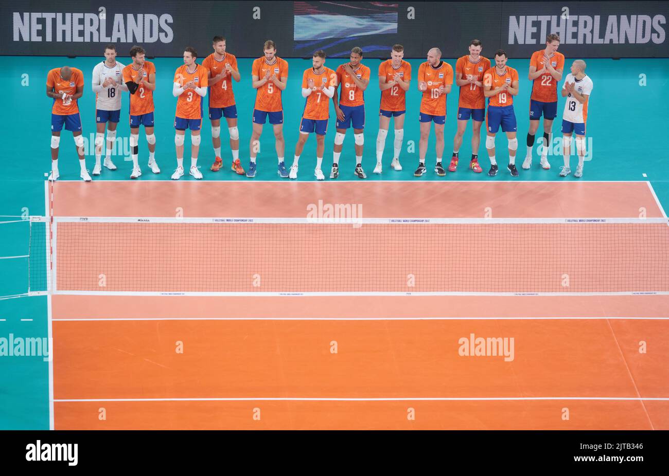 LJUBLJANA, SLOWENIEN - 29. AUGUST: Niederländische Spieler reagieren während der Volleyball-Weltmeisterschaft der Männer - Pool F - Vorbereitungsphase-Spiel zwischen den Niederlanden und Argentinien in der Arena Stozice am 29. August 2022 in Ljubljana, Slowenien (Foto: Borut Zivulovic/BSR Agency) Stockfoto