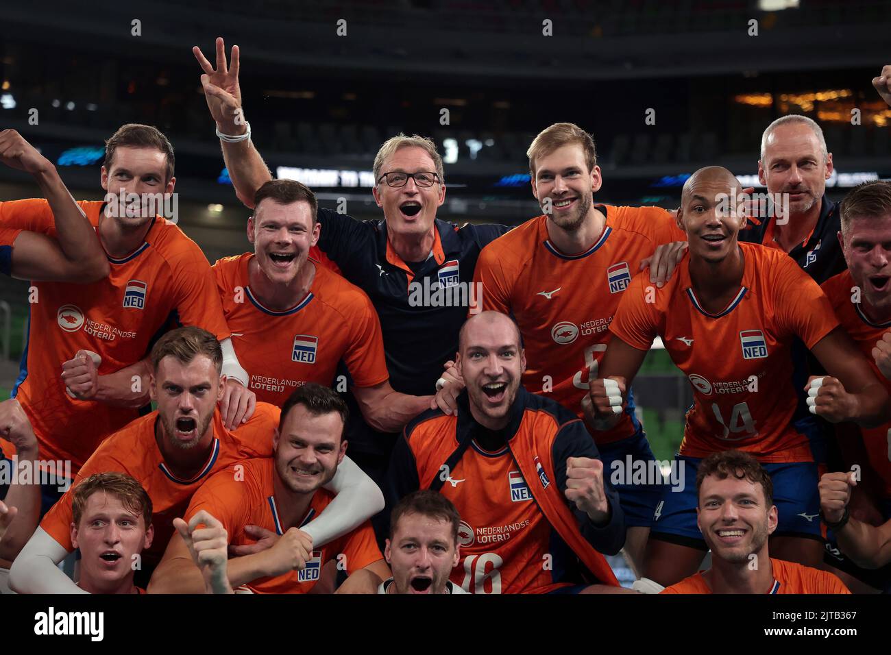 LJUBLJANA, SLOWENIEN - die Spieler der Niederlande feiern während der Volleyball-Weltmeisterschaft der Männer - Pool F - Vorbereitungsphase-Spiel zwischen den Niederlanden und Argentinien in der Arena Stozice am 29. August 2022 in Ljubljana, Slowenien (Foto: Borut Zivulovic/BSR Agency) Stockfoto