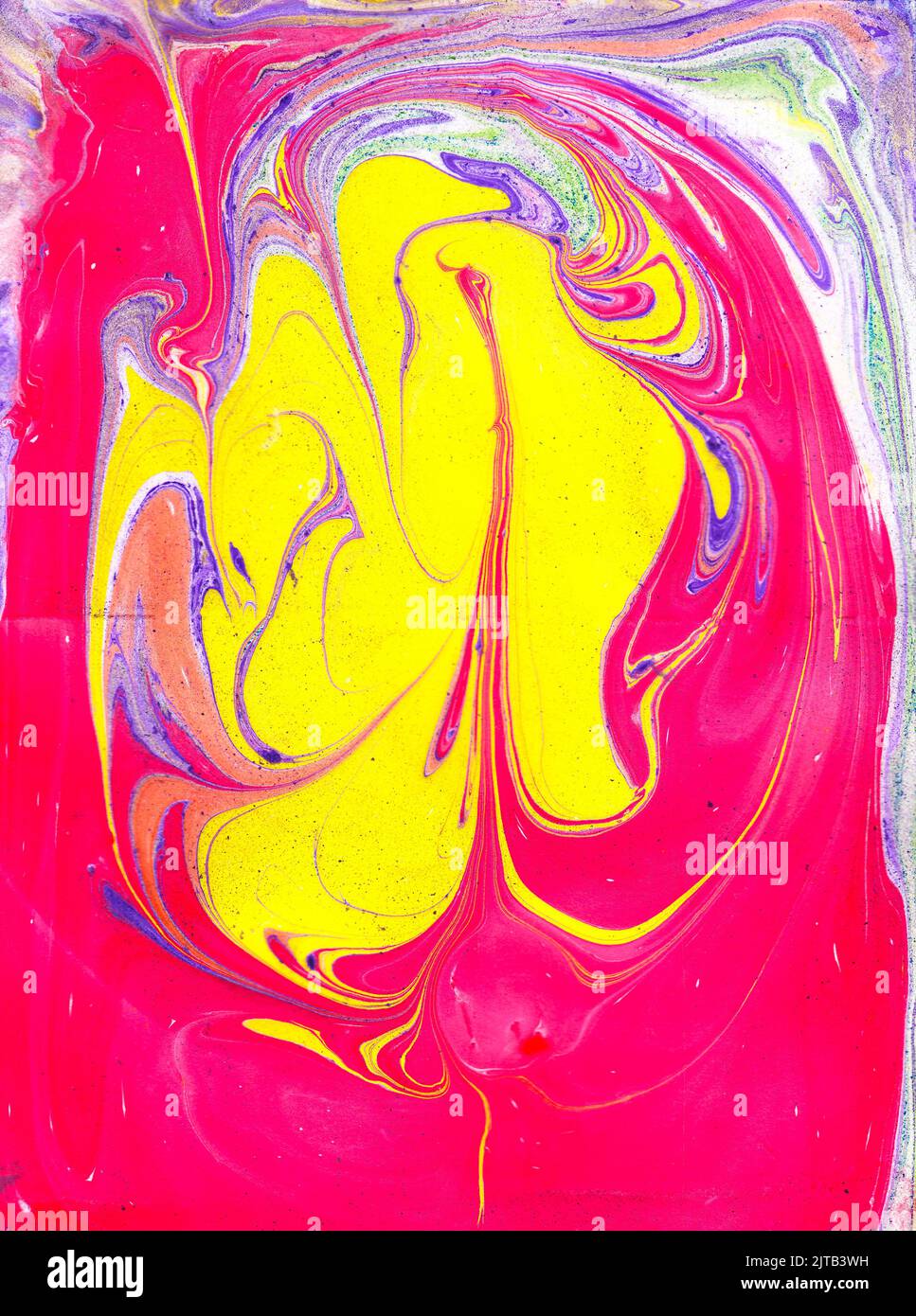 Ein handbemalter Abstrakt mit sehr hellen Farben und aus speziellen Tinten. Es scheint durch ein Mikroskop geschossen zu werden, aber es war nicht. Stockfoto