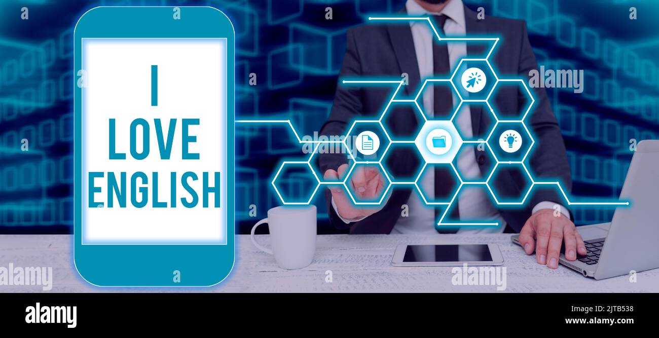 Sign Display I Love English, Business Idee, Zuneigung für internationale Sprache Grammatik stehende Frau tragen VR-Brille präsentieren Import haben Stockfoto