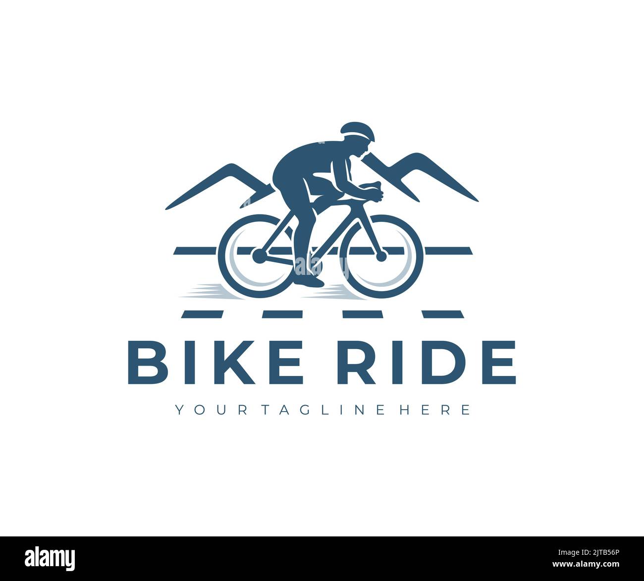 Radfahren, Fahrradfahren, Mann auf dem Fahrrad und in den Bergen, Logo-Design. Radfahrer, Fahrradfahrer, Fahrrad, Fahrrad oder Velocipede, Vektor-Design und Illustration Stock Vektor