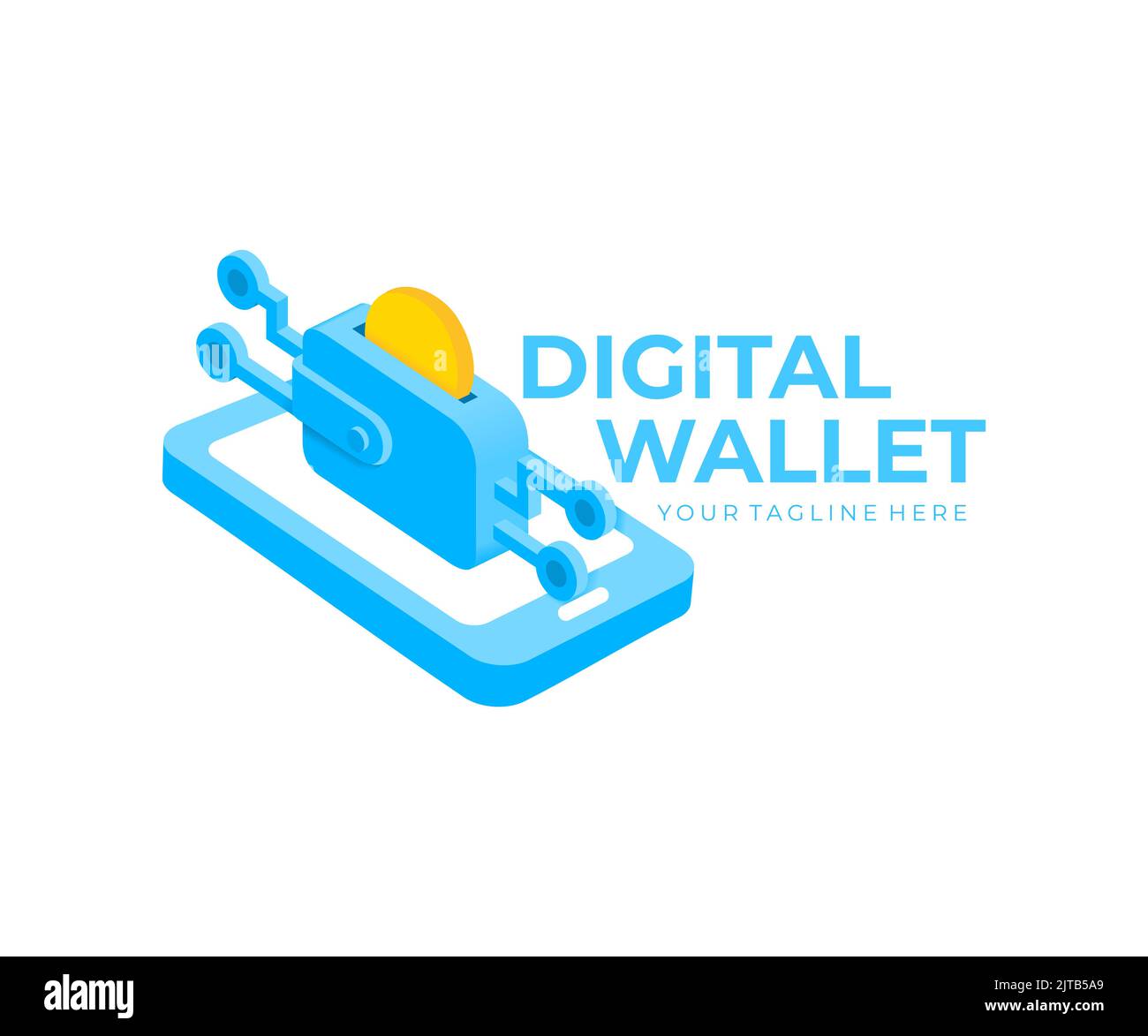 Digitale Brieftasche, Münze, Smartphone, E-Commerce und Zahlung, Logo-Design. Blockchain-Technologie, Finanzen und mobiles Banking, Vektordesign Stock Vektor
