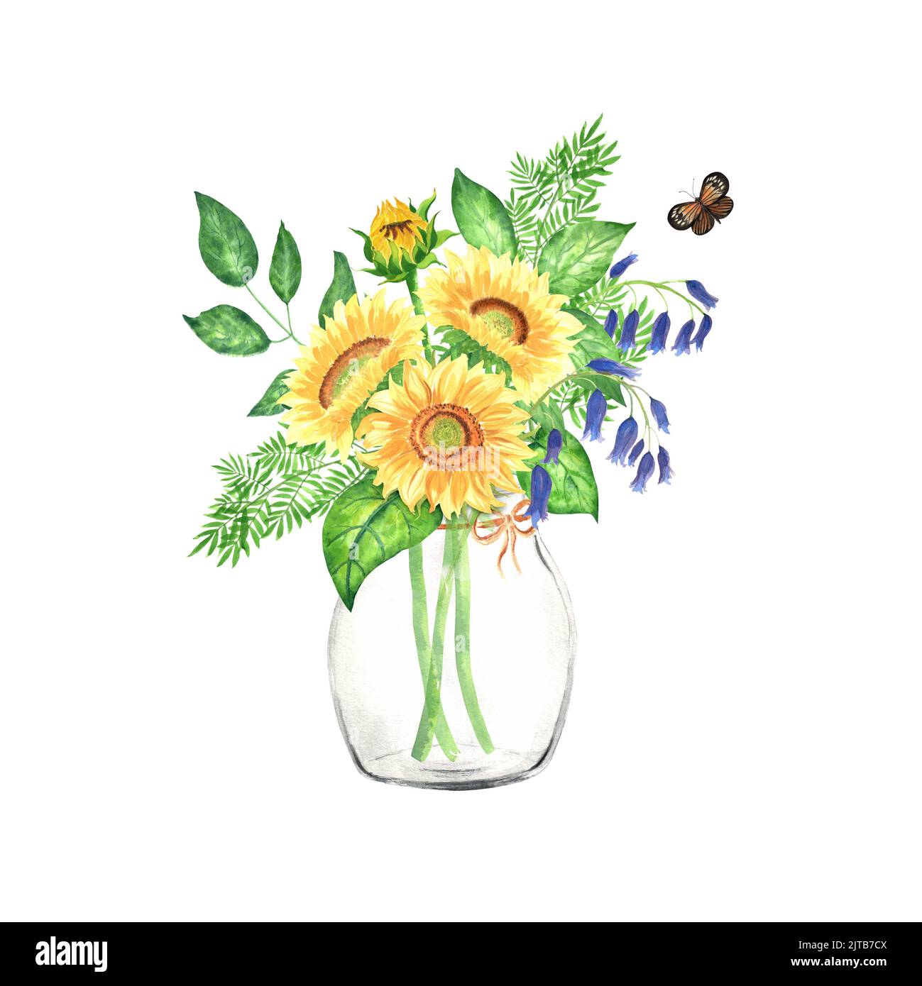 Helle Aquarelldarstellung. Glasvase mit Sonnenblumen, Farnen und Blautönen. Sie können in zum Drucken von Karten, Holday-Einladungen, Notizbüchern und verwenden Stockfoto