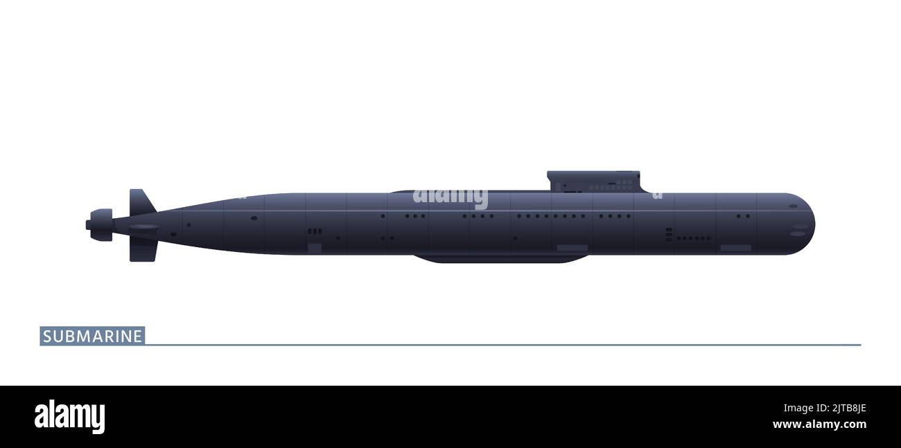 Nukleare strategische U-Boot ist in einer Seitenansicht, die auf einem weißen Hintergrund isoliert ist. Vektorgrafik Stock Vektor
