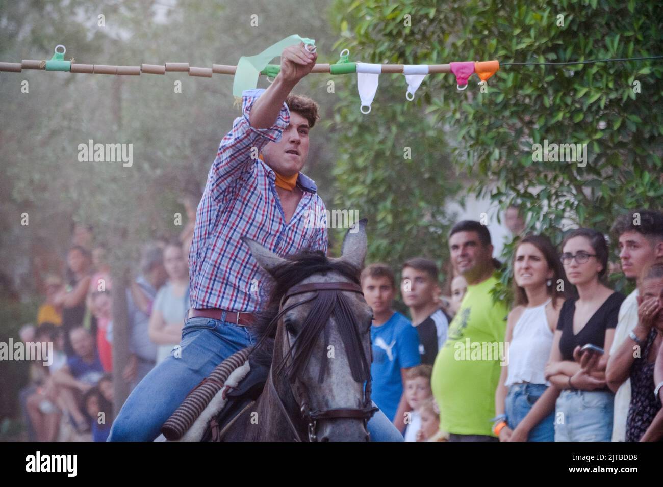 Carrera de Cintas a Caballo auf der Comares Sommer Feria, Axarquia, Malaga, Andalucía, Spanien Stockfoto