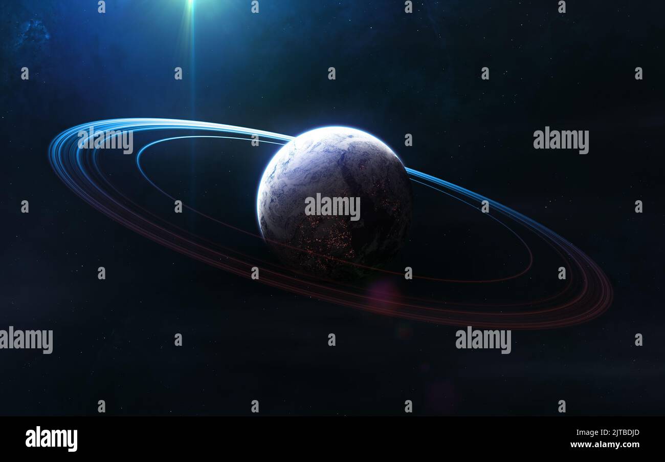 Entfernter bewohnbarer Planet des tiefen Raums. Kosmischer Staub Stockfoto