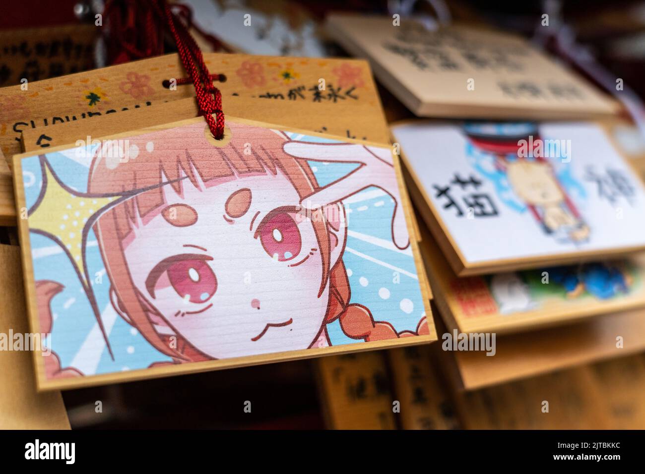 Japanische Anime- und Manga-Figuren, die auf ema-Gebetstafeln am Kanda Myojin-Schrein gemalt sind, einem schintoistischen Schrein, der Geschäftsreisenden und Technikbegeisterten in Chiyoda, Tokio, Japan, gewidmet ist. Die Gläubigen hängen die Tafeln mit ihren Wünschen, Träumen oder Gebeten im Tempel auf. Stockfoto