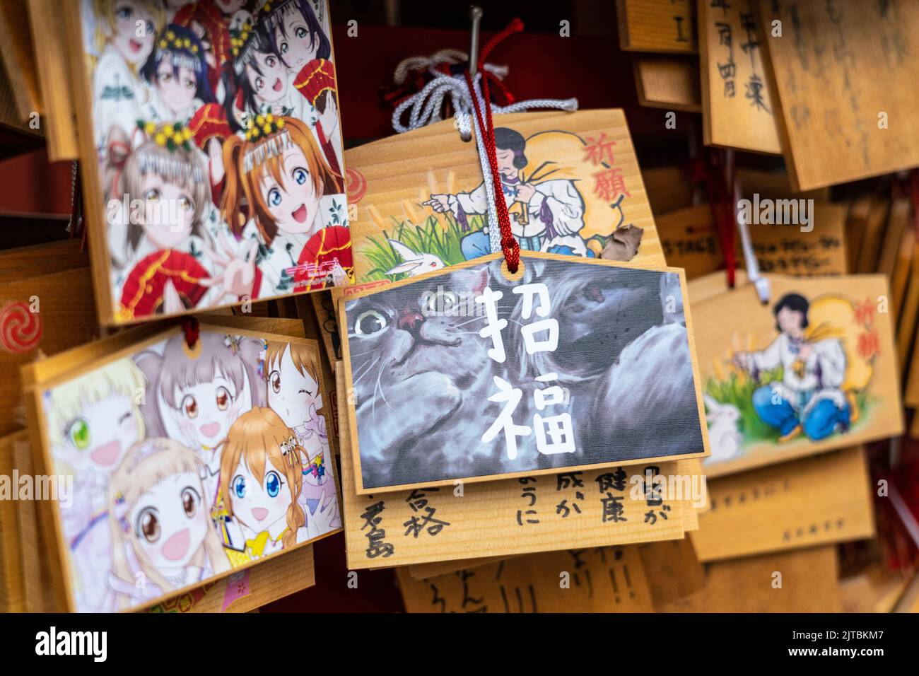 Japanische Anime- und Manga-Figuren, die auf ema-Gebetstafeln am Kanda Myojin-Schrein gemalt sind, einem schintoistischen Schrein, der Geschäftsreisenden und Technikbegeisterten in Chiyoda, Tokio, Japan, gewidmet ist. Die Gläubigen hängen die Tafeln mit ihren Wünschen, Träumen oder Gebeten im Tempel auf. Stockfoto