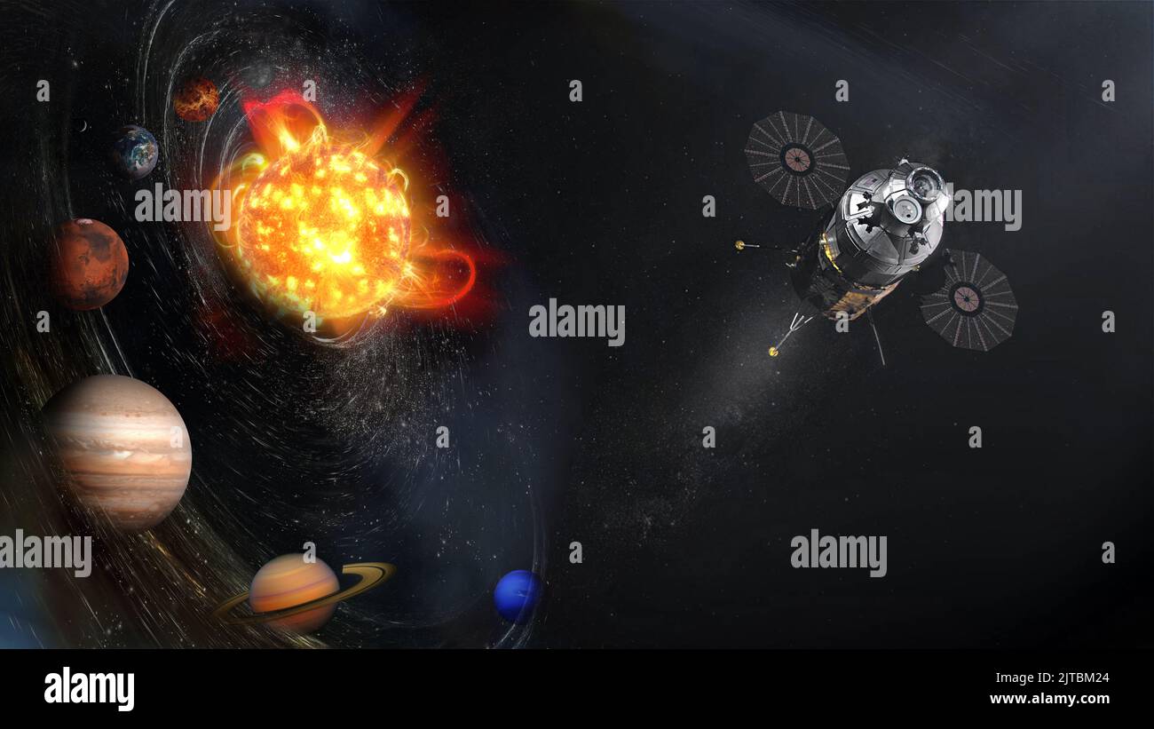 Das Raumschiff fliegt außerhalb des Sonnensystems. Elemente dieses Bildes, die von der NASA eingerichtet wurden. Stockfoto