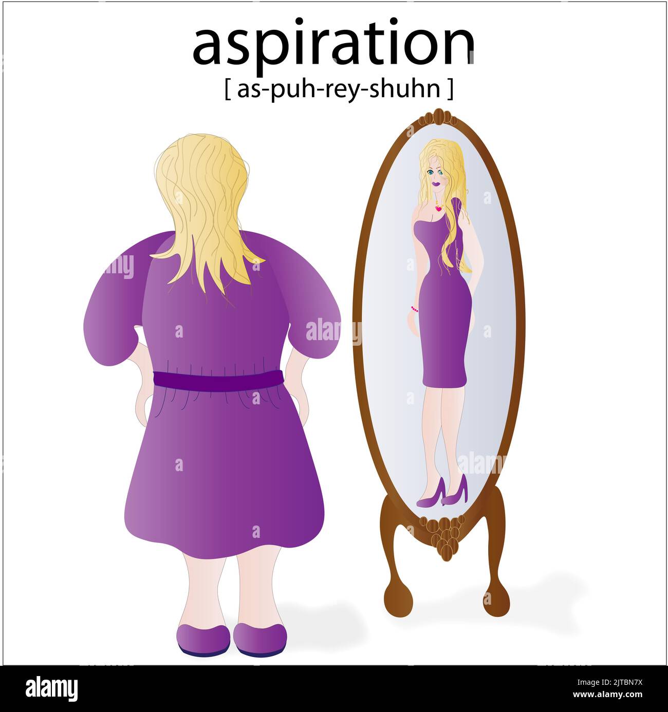 Gewicht verlieren Konzept der Illustration Schwere Dame sieht Reflexion in Spiegel einer dünnen neuen sie. Stockfoto