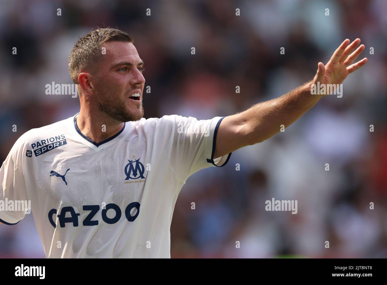 Nizza, Frankreich, 28.. August 2022. Jordan Veretout von Olympique De Marseille reagiert während des Spiels der Uber Eats Ligue 1 im Allianz Riviera Stadium, Nizza. Bildnachweis sollte lauten: Jonathan Moscrop / Sportimage Stockfoto