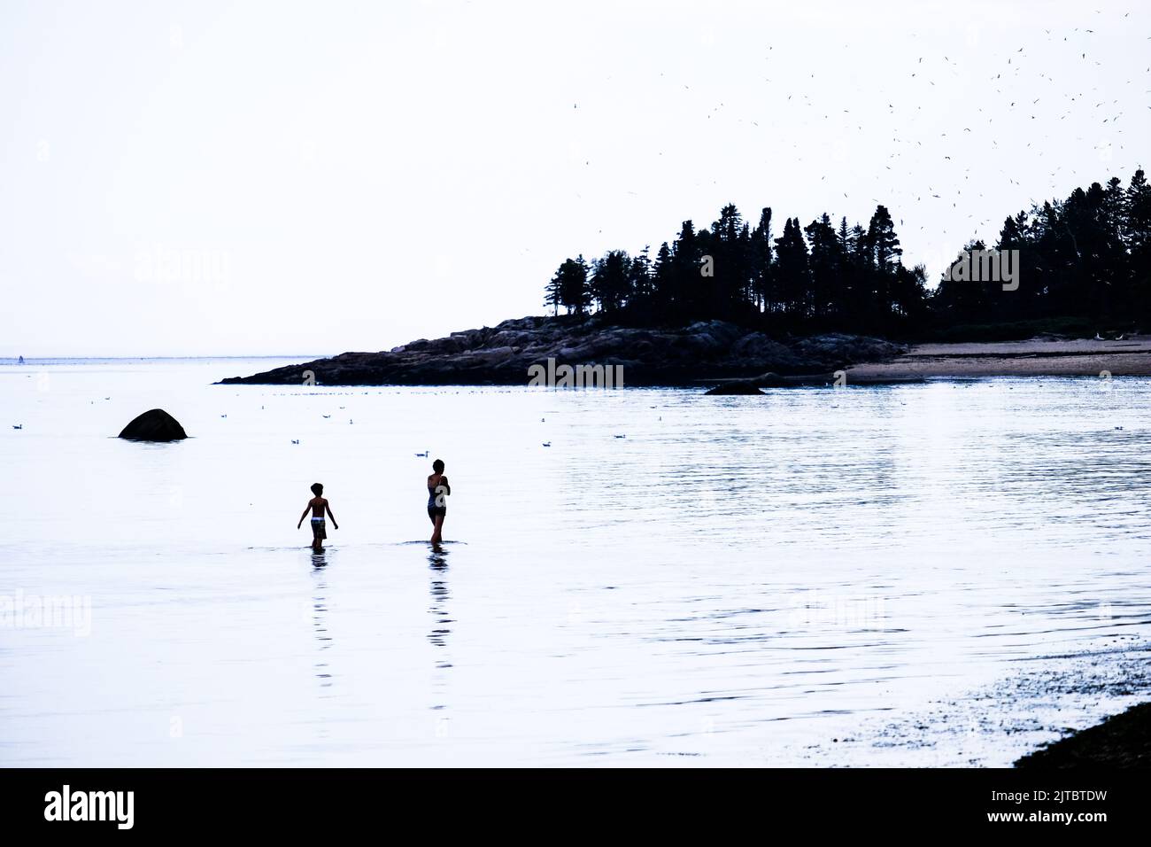 Silhouetten auf dem Wasser des St. Lawrence-Flusses in den Dünen von Tadoussac, Quebec, Saguenay-St. Lawrence Marine Park, Kanada. Stockfoto