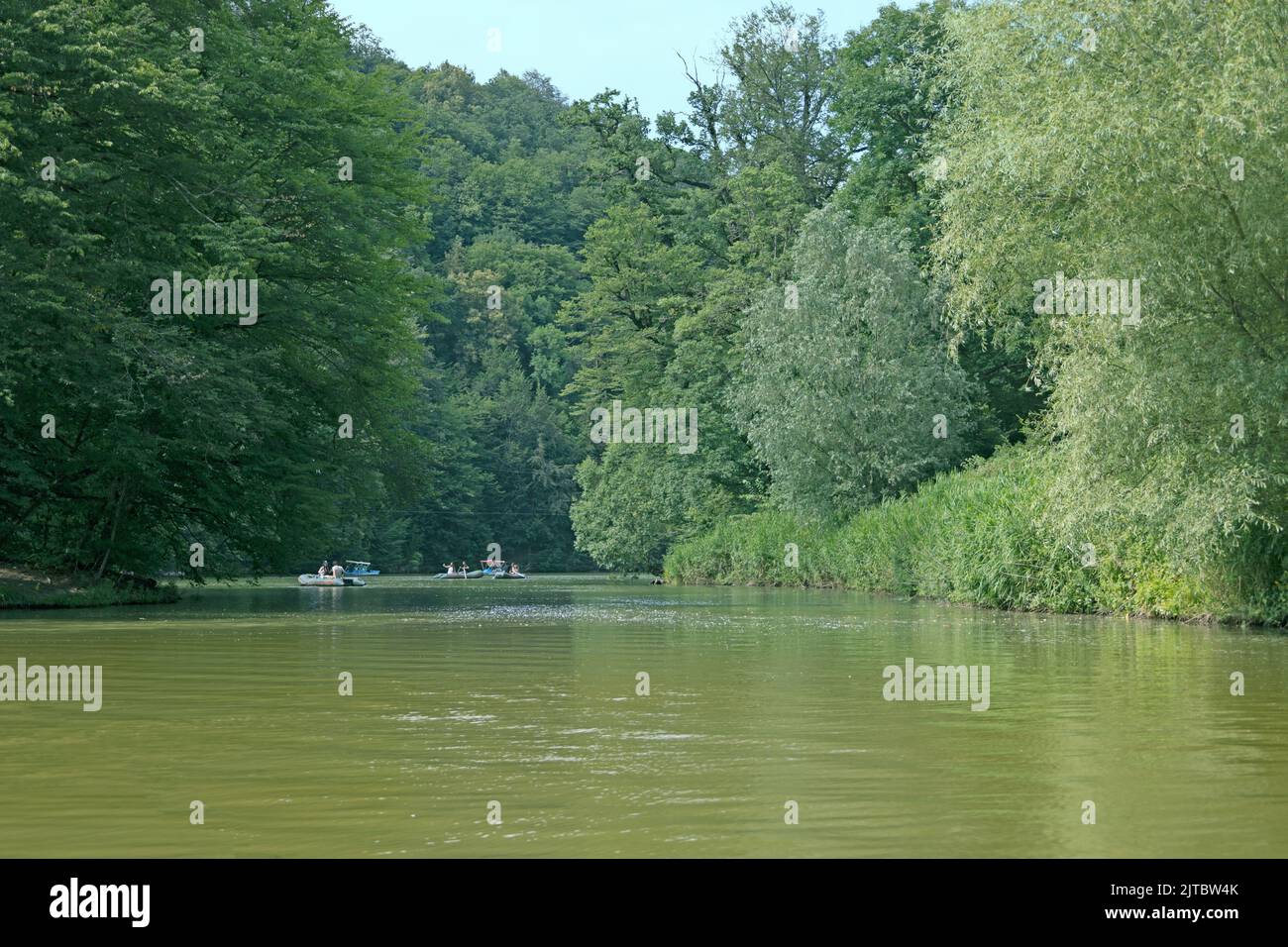 Im Sommer fahren die Menschen auf einem ruhigen Bergsee mit Booten und Katamaranen, im Hintergrund vor dem grünen Wald Stockfoto